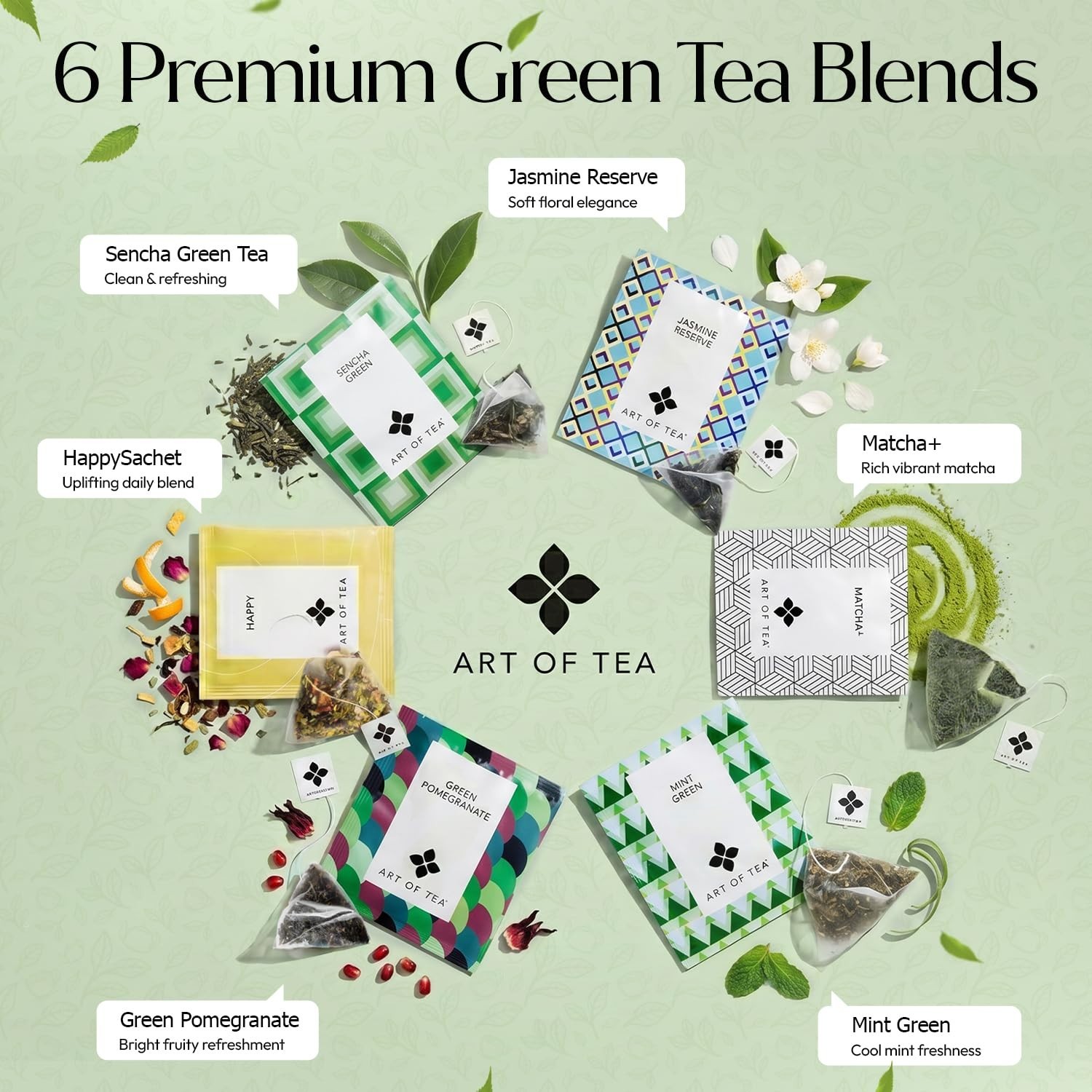 Art of Tea Green Tea Sampler 50 Count Variety Pack Sencha Jasmine Matcha Mint