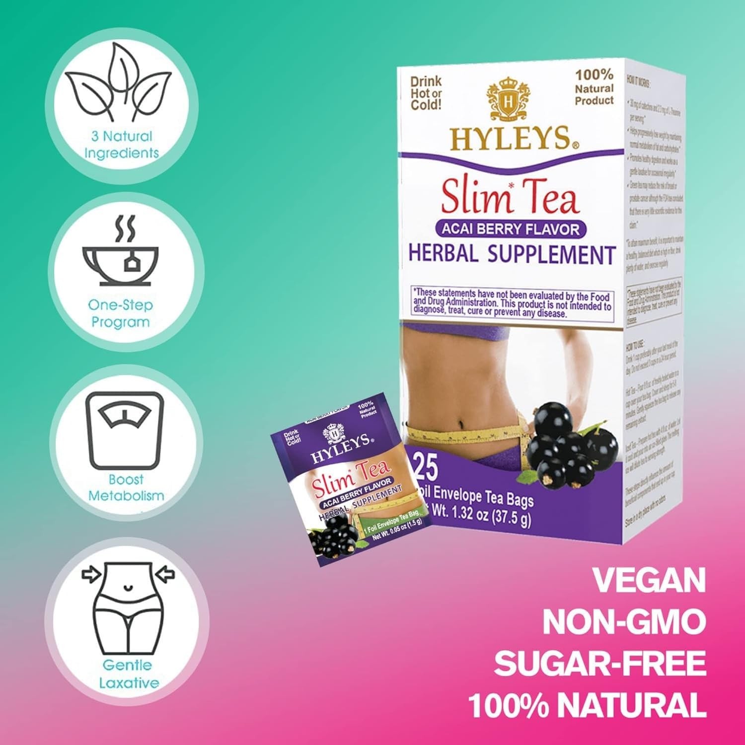 Hyleys Slim Tea Acai Berry Flavor – Weight Loss Herbal Supplement 25 Tea Bags