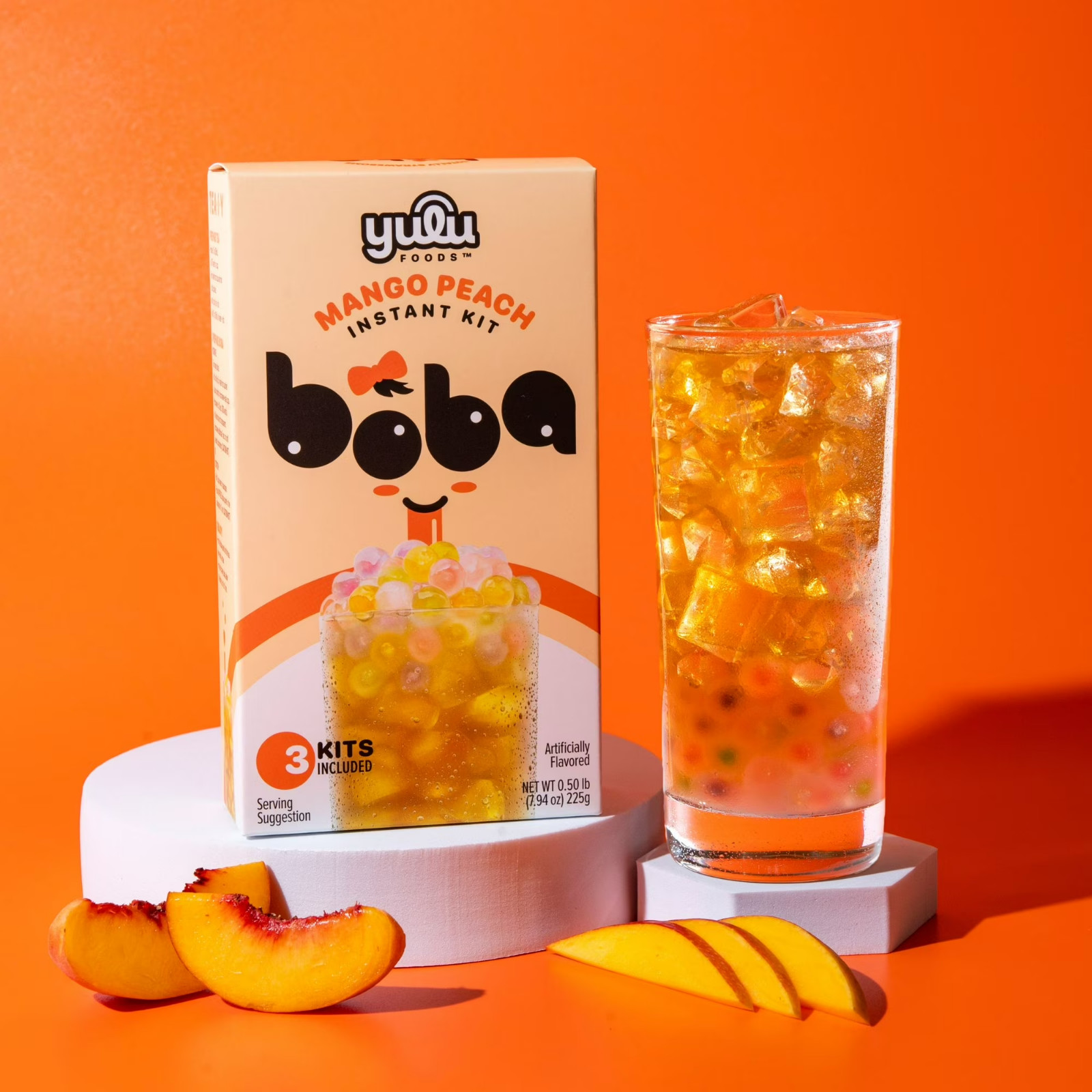 Yulu Instant Boba Mango Peach Tea, Bubble Tea Kit, 3 Drinks
