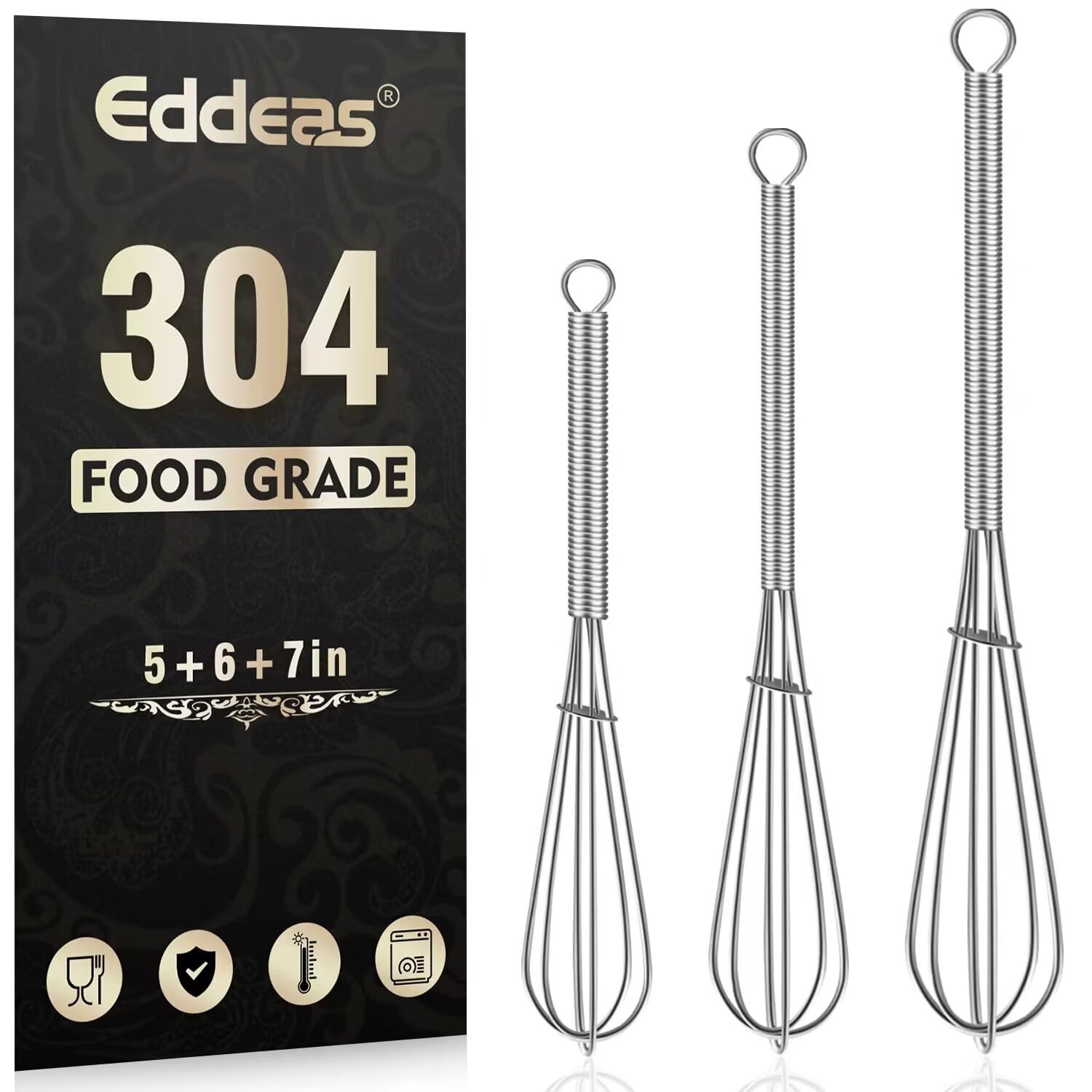 Eddeas Small Whisk Stainless Steel, Mini wire whisk 3 5+6+7 inch, Silver 3Pcs