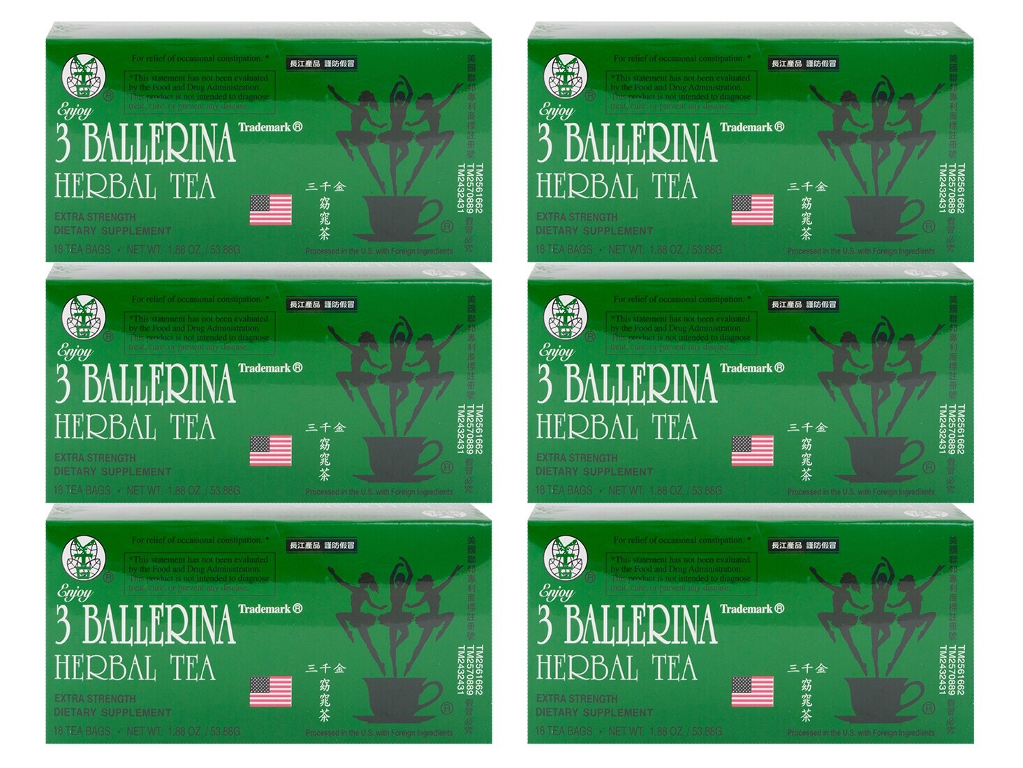 6 BOXES 3 Ballerina Dieters Tea, Extra Strength, Original Flavor, 18 bags