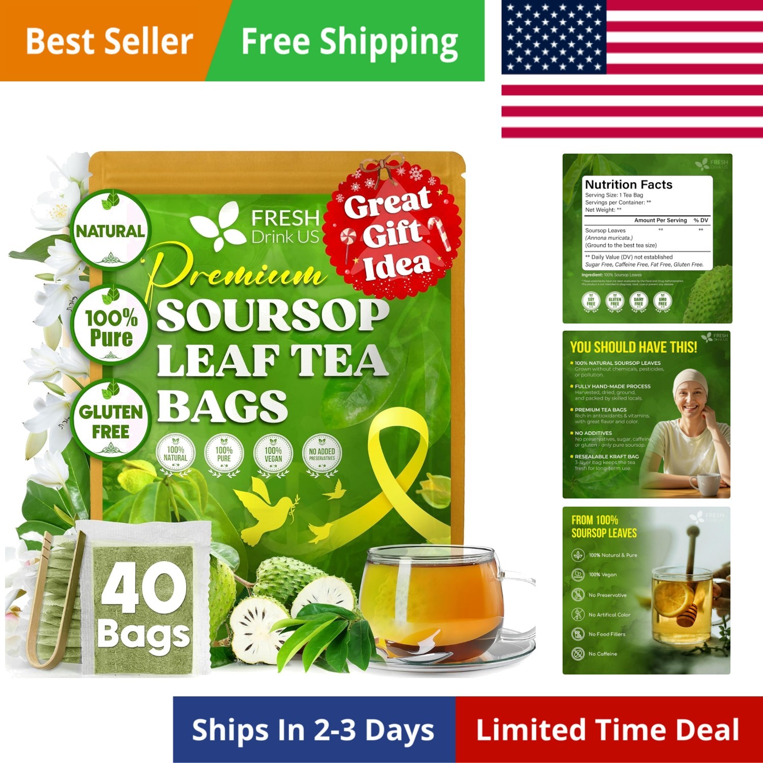 40 Soursop Graviola Leaf Tea Bags, 100% Natural and Pure from Soursop Leaves…