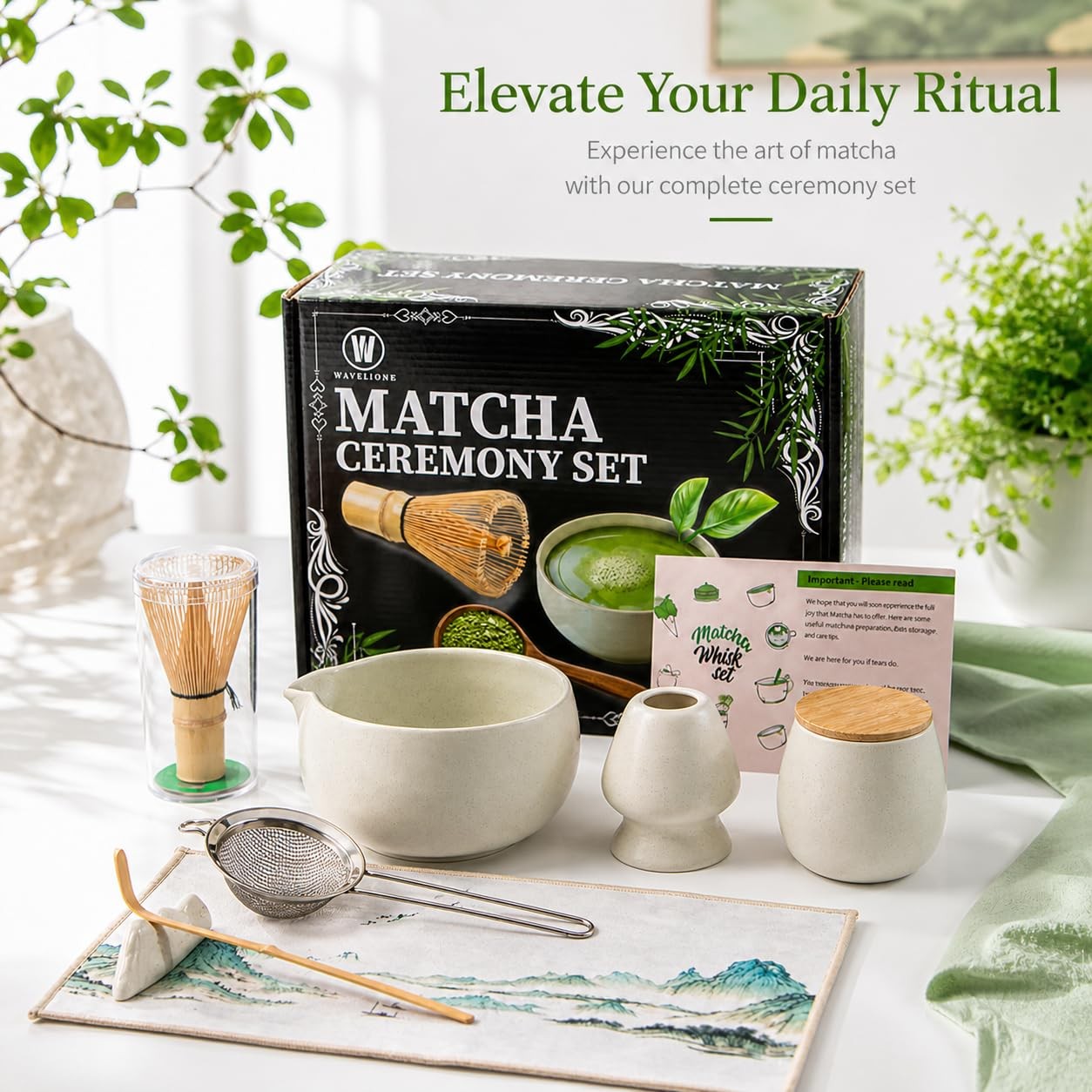 Matcha Whisk Set | 8PCS Ceramic Matcha Kit (White) with Bowl, Bamboo Whisk (C