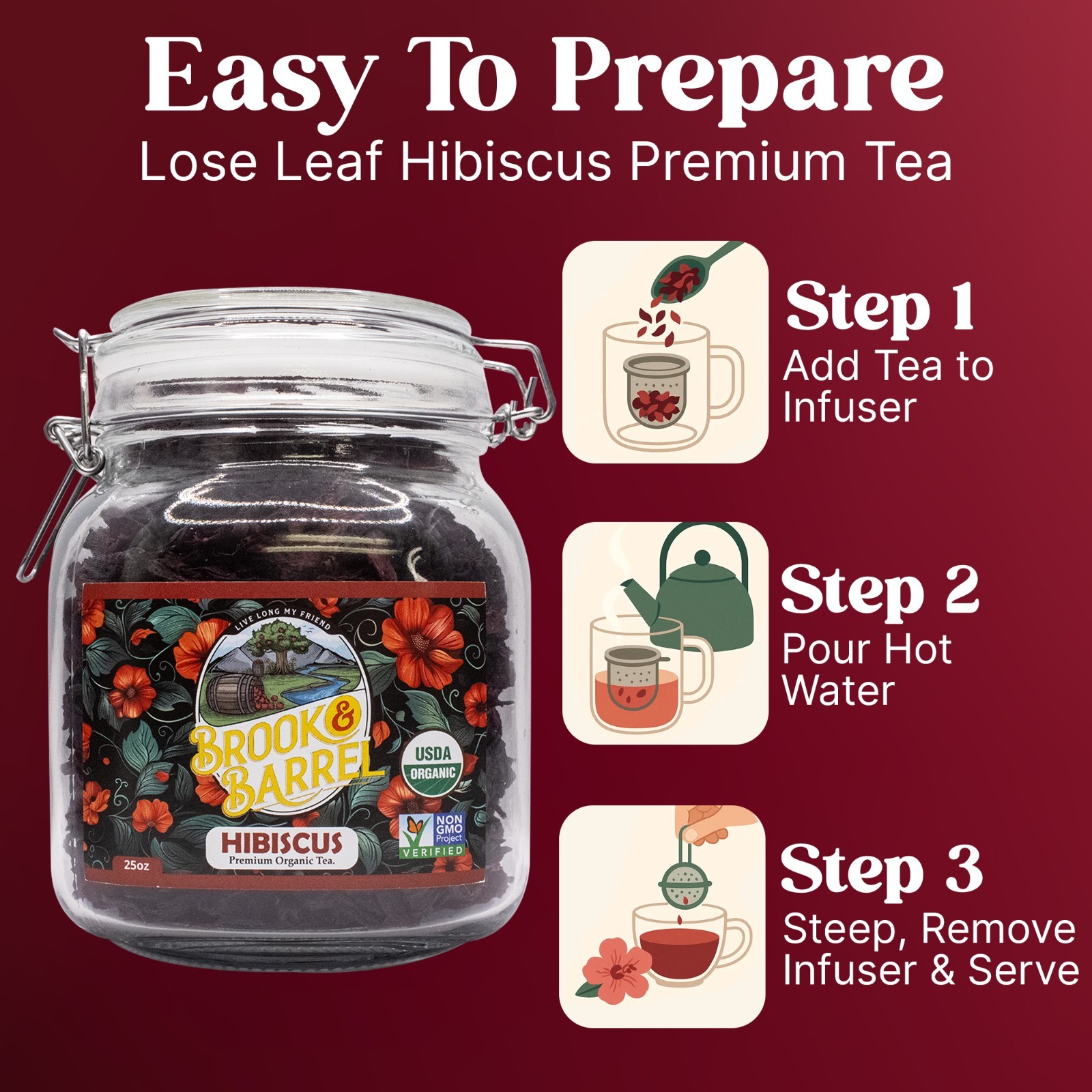 USDA Organic Hibiscus Loose Leaf Tea 1.6lb 25oz Brook & Barrel Glass Jar Herbal