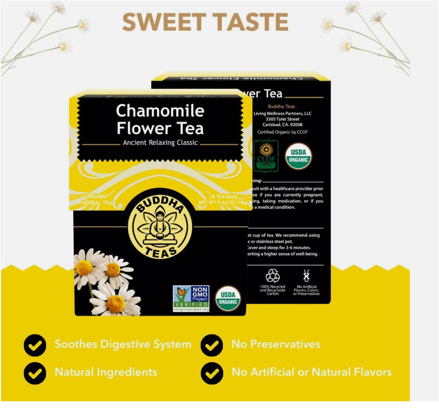 Buddha Teas Chamomile Flower Tea 18 Count Caffeine Free Organic Herbal Blend