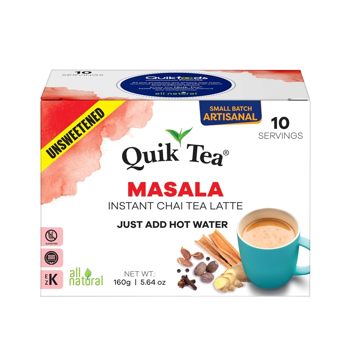 QuikTea Instant Unsweetened Masala Chai Tea Latte – 10 Count, (pack of 1)