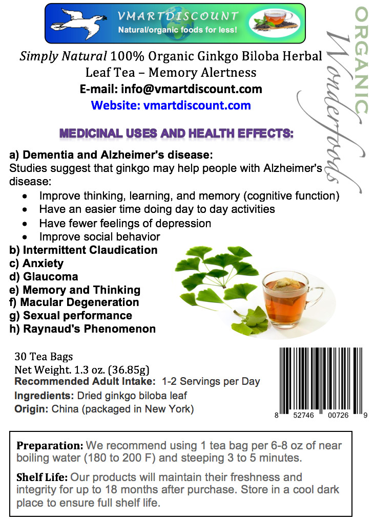 Ginkgo Biloba Leaf Herbal Tea, 30 Bags Memory Alertness, Anxiety, All Natural
