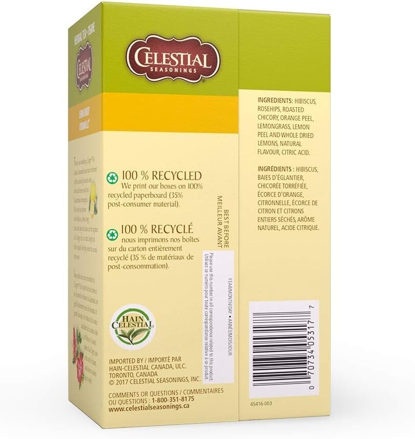 Celestial Seasonings 100% Natural Lemon Zinger Herbal Tea 20 Ct