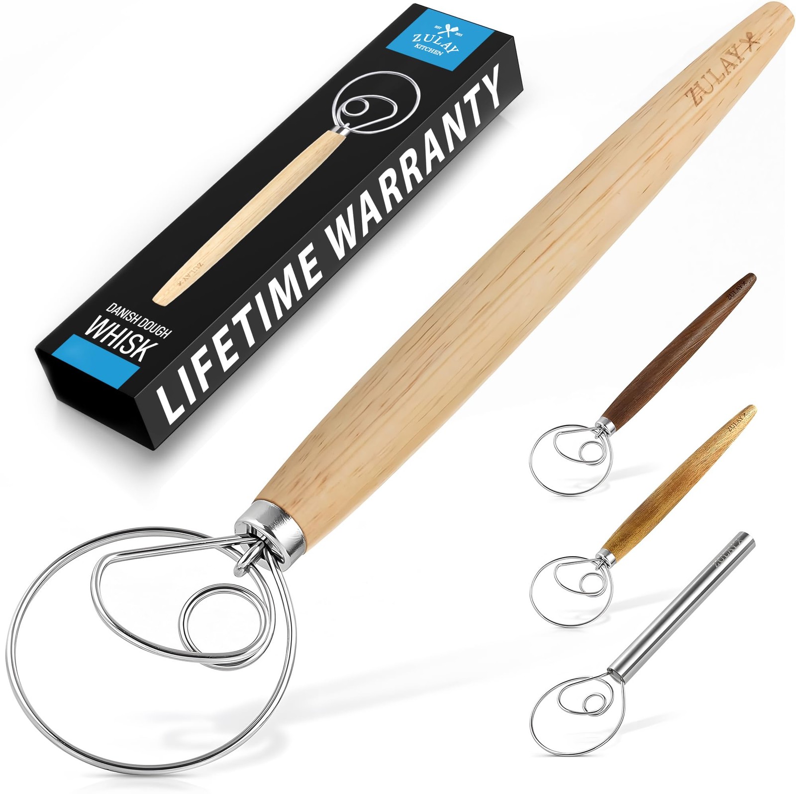 Zulay Kitchen 13-Inch Danish Dough Whisk – 1 Pack, Rubberwood – Single Eye