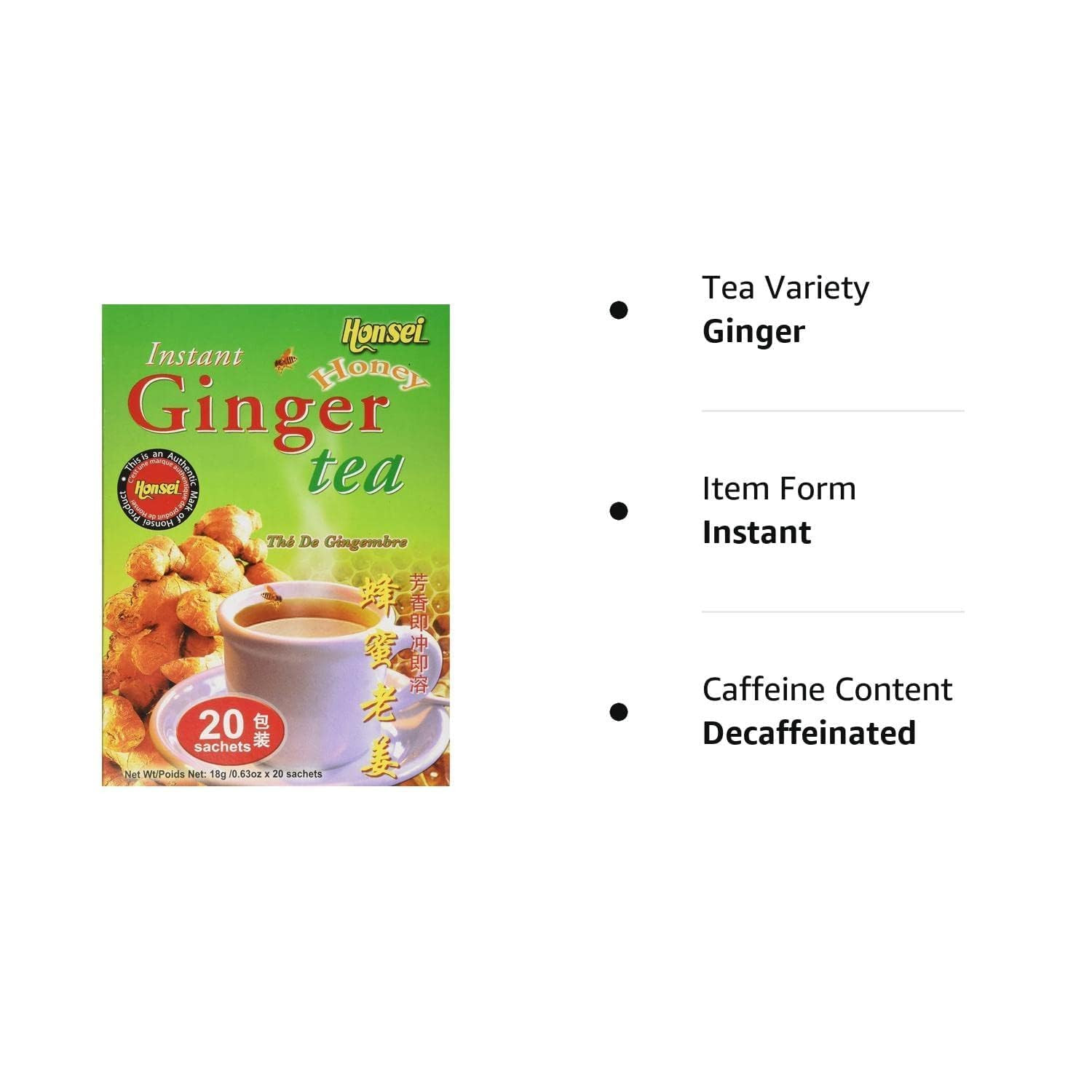 Instant Ginger Honey Tea 20 Sachets All Natural Caffeine Free No Preservatives