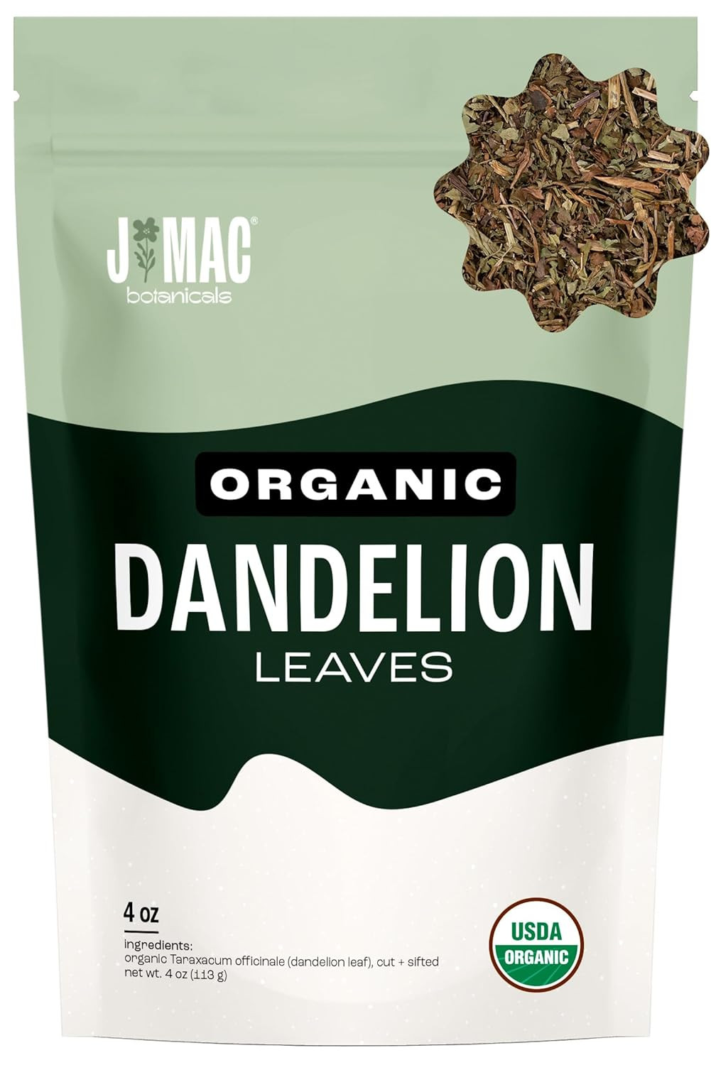 J Mac Botanicals, Organic Dandelion Leaves (4 Oz Bag) USDA Certified Organic Dan
