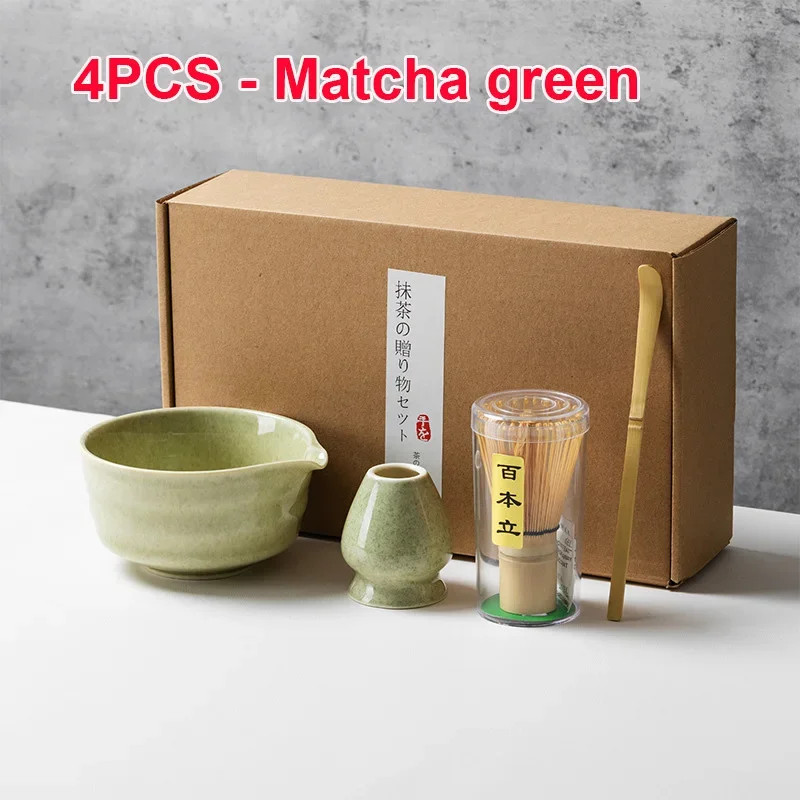 4PCS Matcha Set Bamboo Whisk Teaspoon Ceramic Bowl Tranditional Tea Sets Home Te