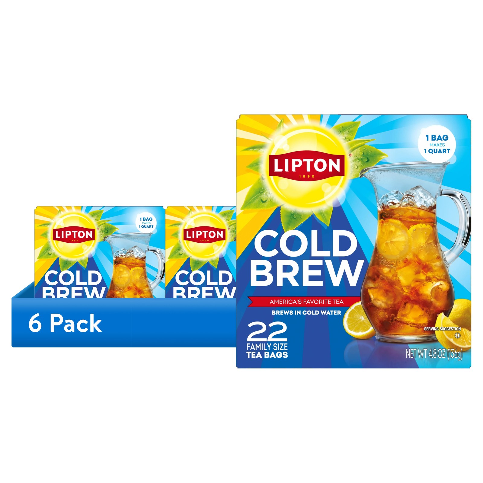 (6 pack) Lipton Cold Brew Black Tea Bags, Family Size, 22 Count Free SHIP.