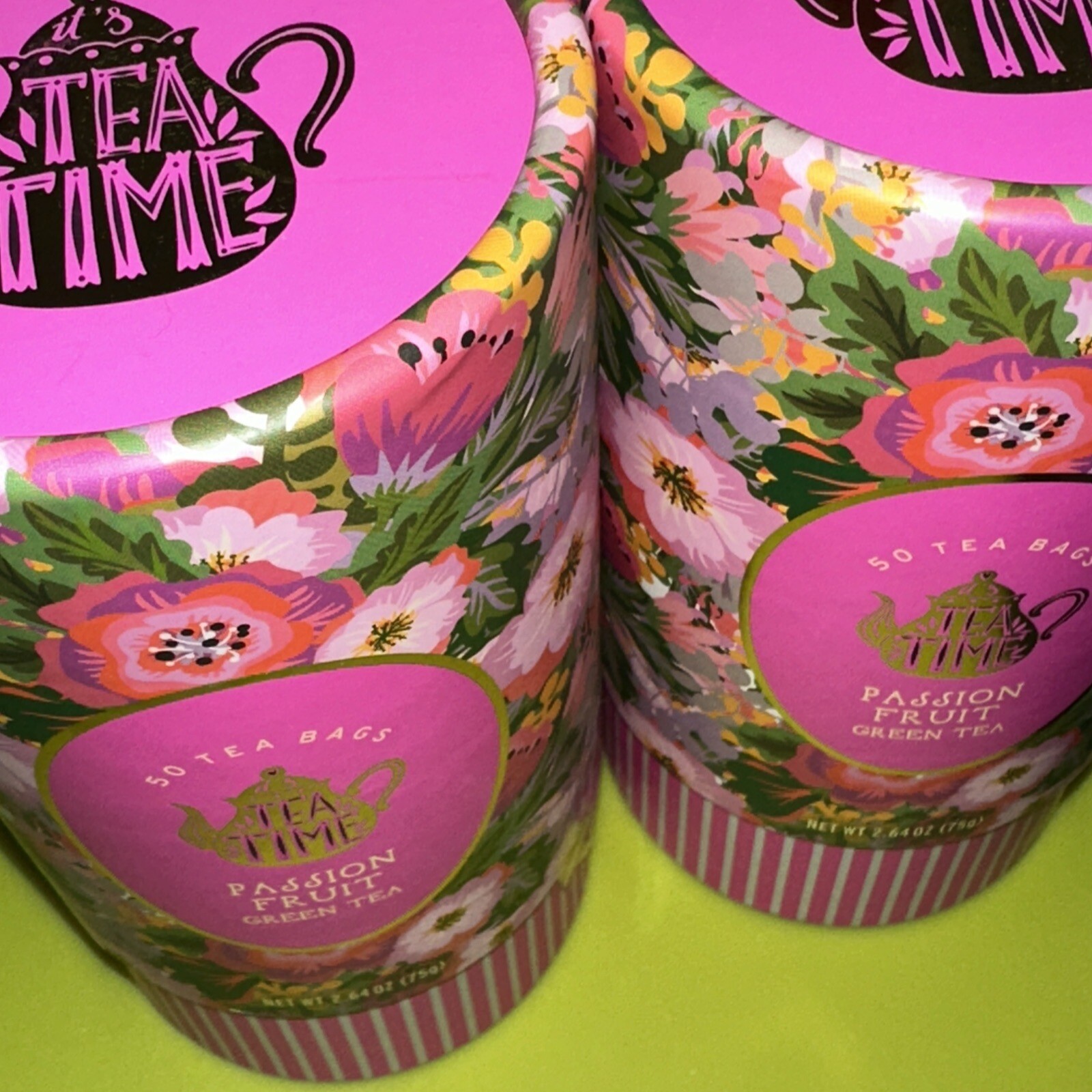 TEA TIME 🫖 CAFFEINATED 🫖 PASSION FRUIT GREEN TEA – 2 tubes -100 Tea Bags 🫖