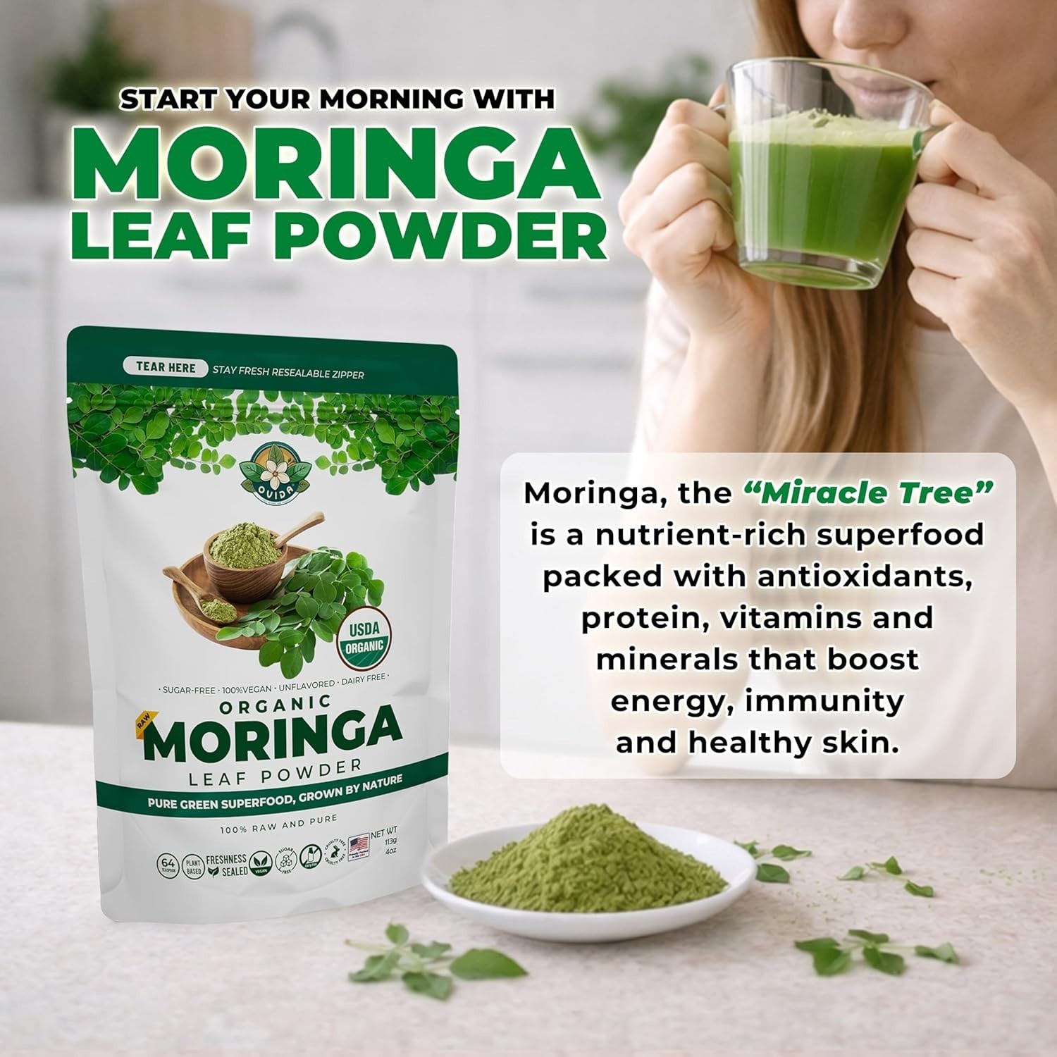 Organic Moringa Leaf Powder, Caffeine Free Powder, Smoothie & Tea Blend 4 oz