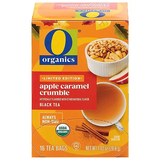 O Organics APPLE CARAMEL CRUMBLE 16-Black Tea Bags Limited Edition * BB 1/2027 *