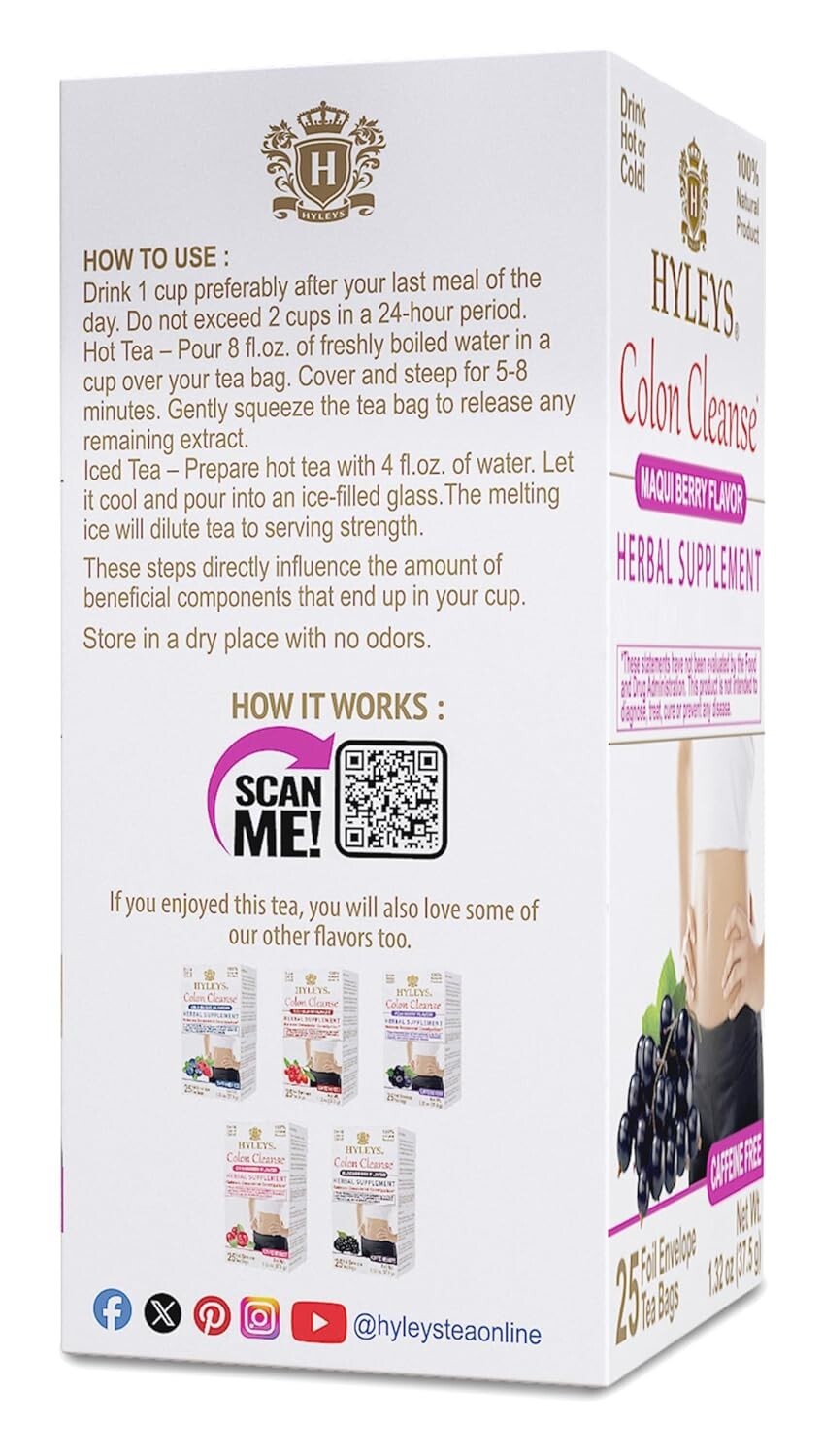 Hyleys Colon Cleanse Tea Maqui Berry Flavor – 25 Tea Bags (1 Pack)