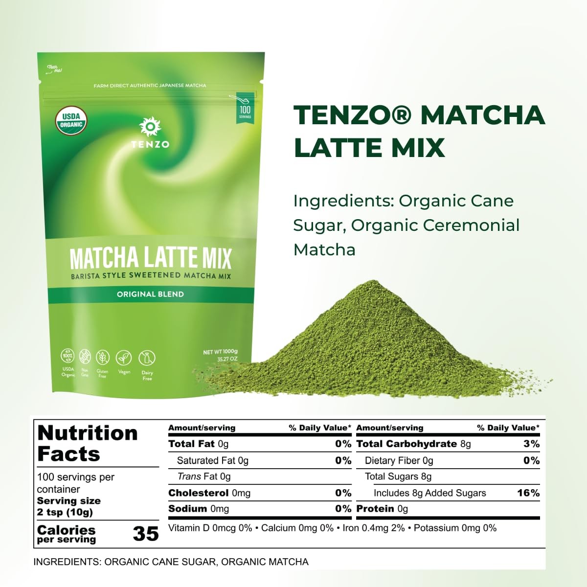 Tenzo Matcha Green Tea Powder, Organic Cafe Sweetened 35.27 Ounce (Pack of 1)
