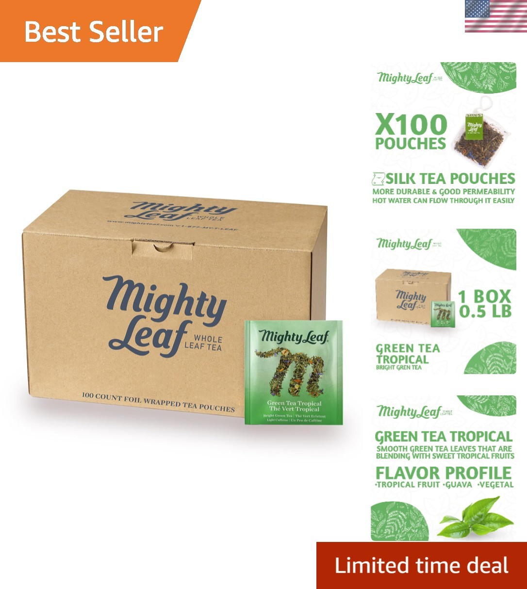 Green Tea Tropical – 100 Count Whole Leaf Green Tea Bags – Pyramid Sachets wi…