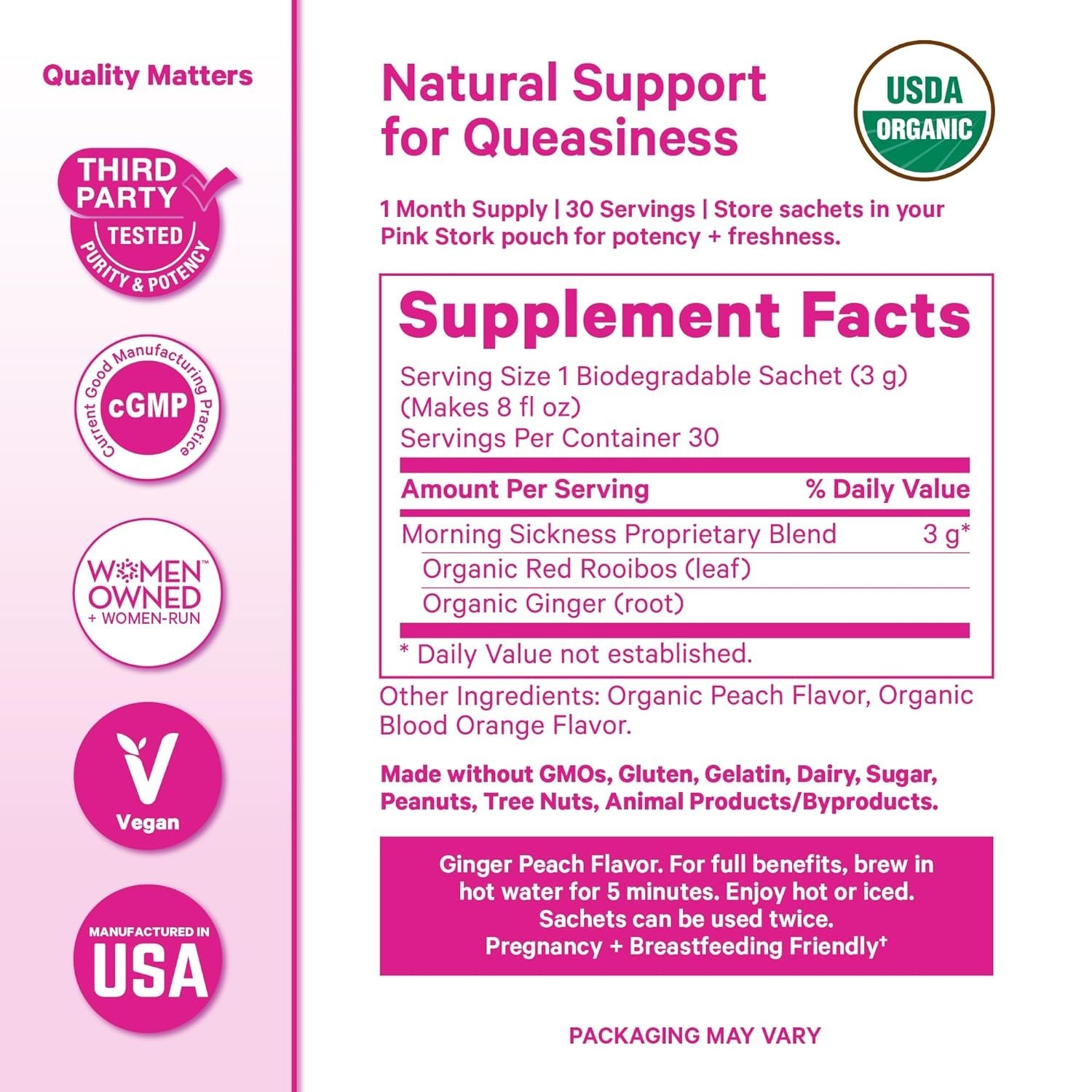 Organic Morning Sickness Tea with Ginger-Peach Flavor – 15 Sachets for Pregnancy