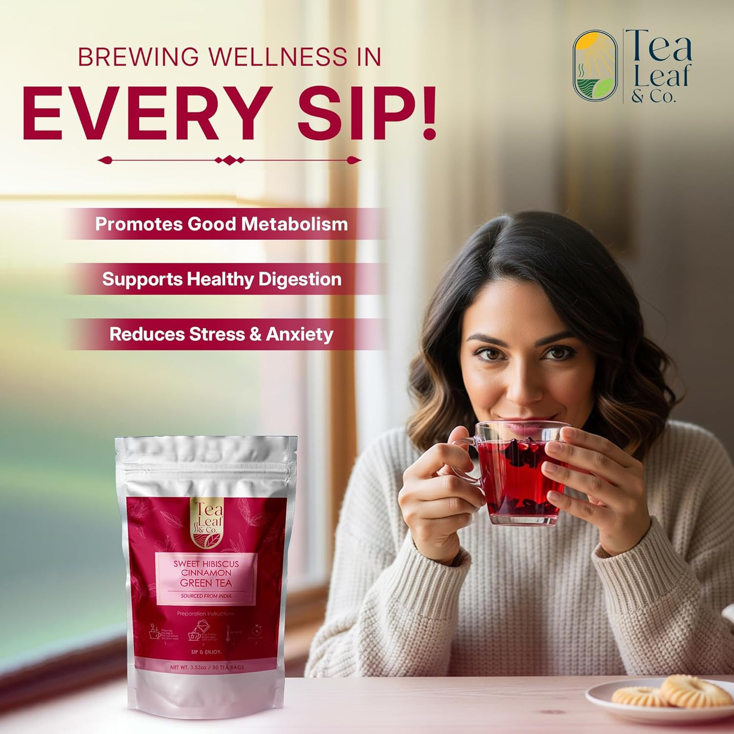 Sweet Hibiscus Cinnamon Green Tea Bags (50 Count), Caffeinated, Real and Natural