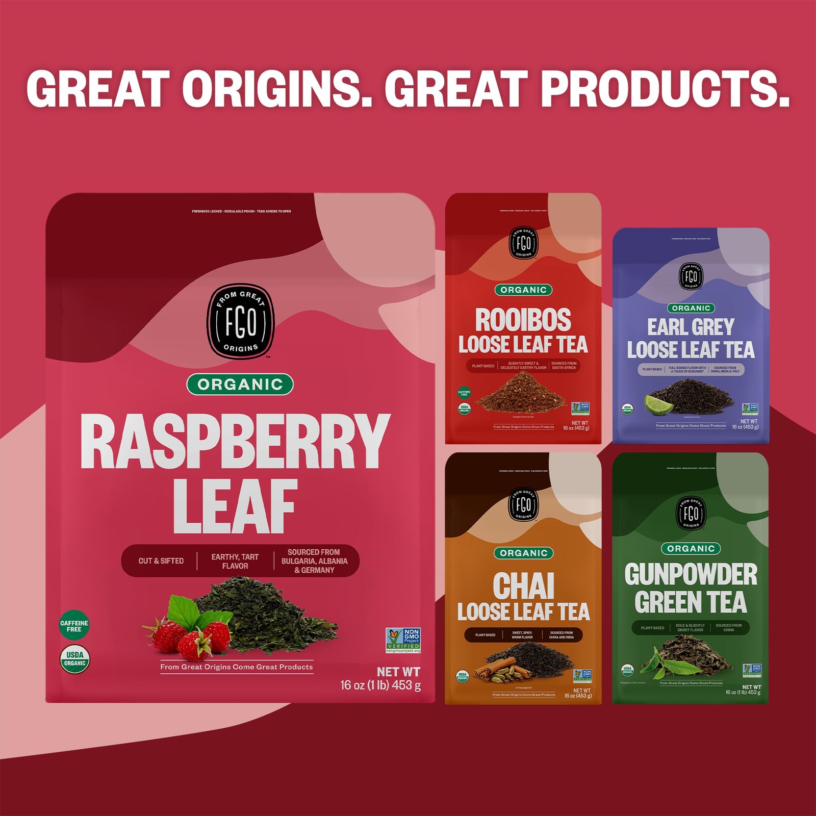 FGO Organic Red Raspberry Loose Leaf Herbal Tea, Cut and Sifted, Caffeine Fre…