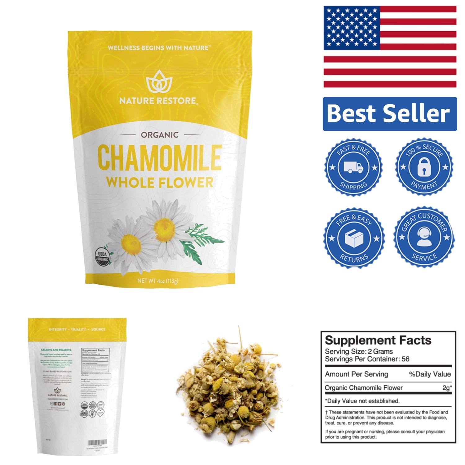 Organic Chamomile Loose Leaf Tea – 4oz Whole Flower for Relaxation & Wellness