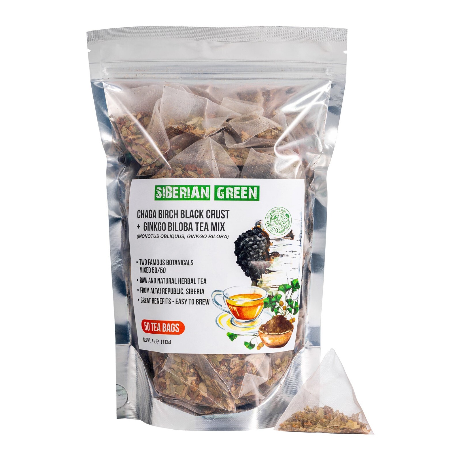 Siberian Green Ginkgo Biloba Tea with Chaga – 50 Tea Bags