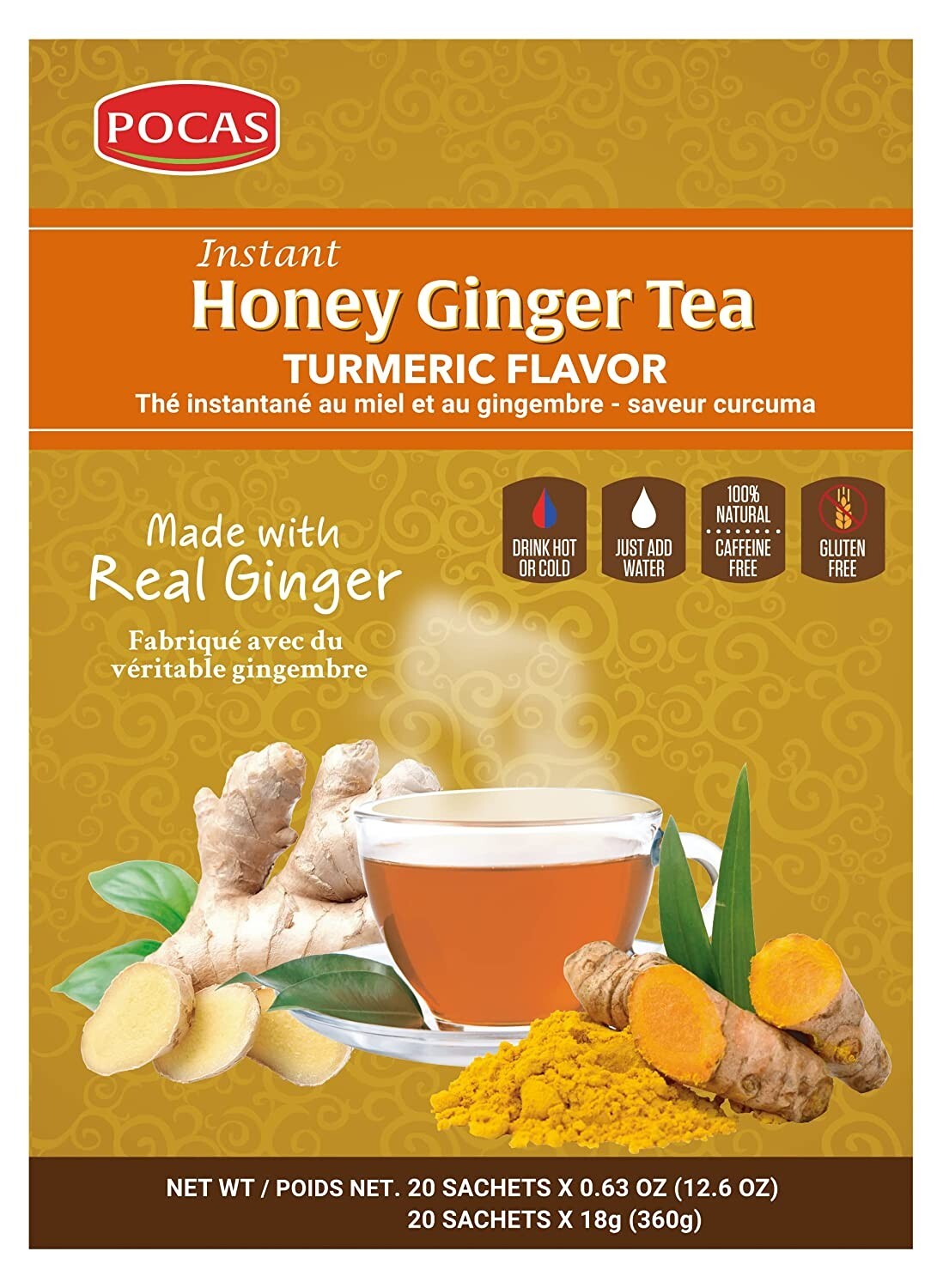 Pocas Instant Honey Ginger Tea + Turmeric – 20/40 Tea bags – Real Honey Ginger