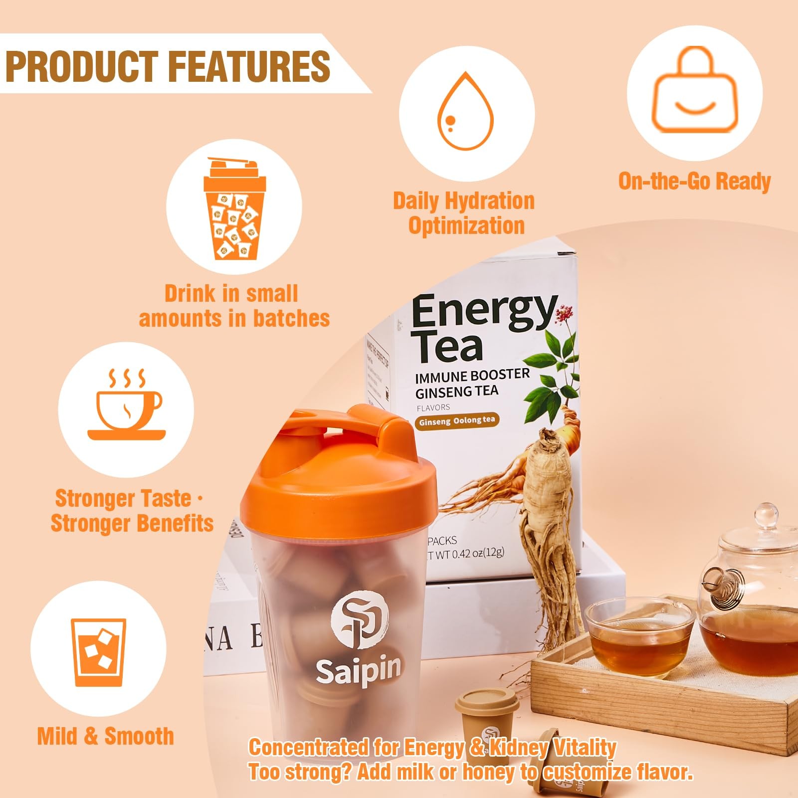 SAIPIN Organic Ginseng Tea20 Instant Oolong Tea with Free Shaker Bottle for N…