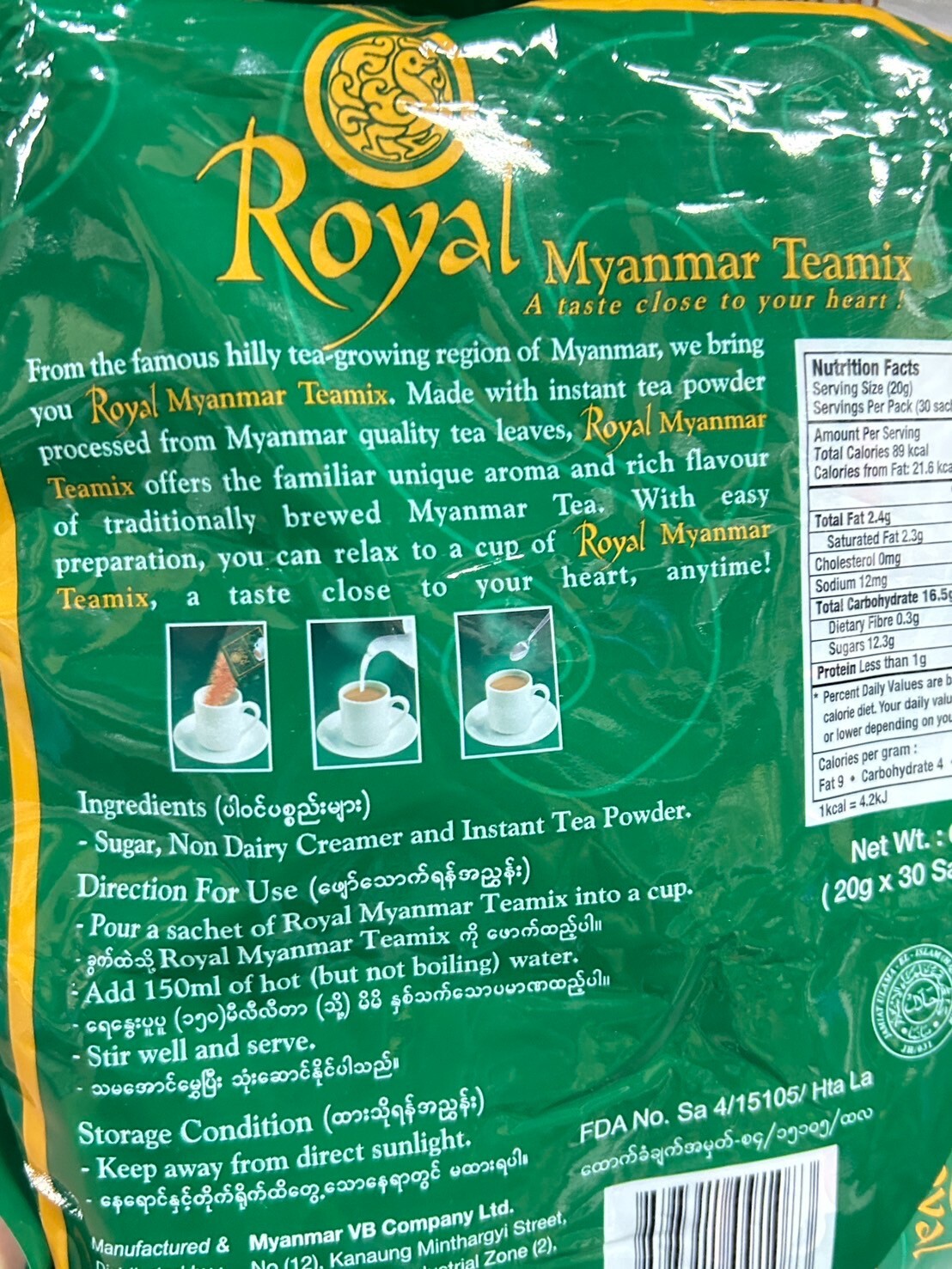 20g x 60 Sachets Royal Myanmar Teamix Burmese Milk Tea 3 in 1 Powder