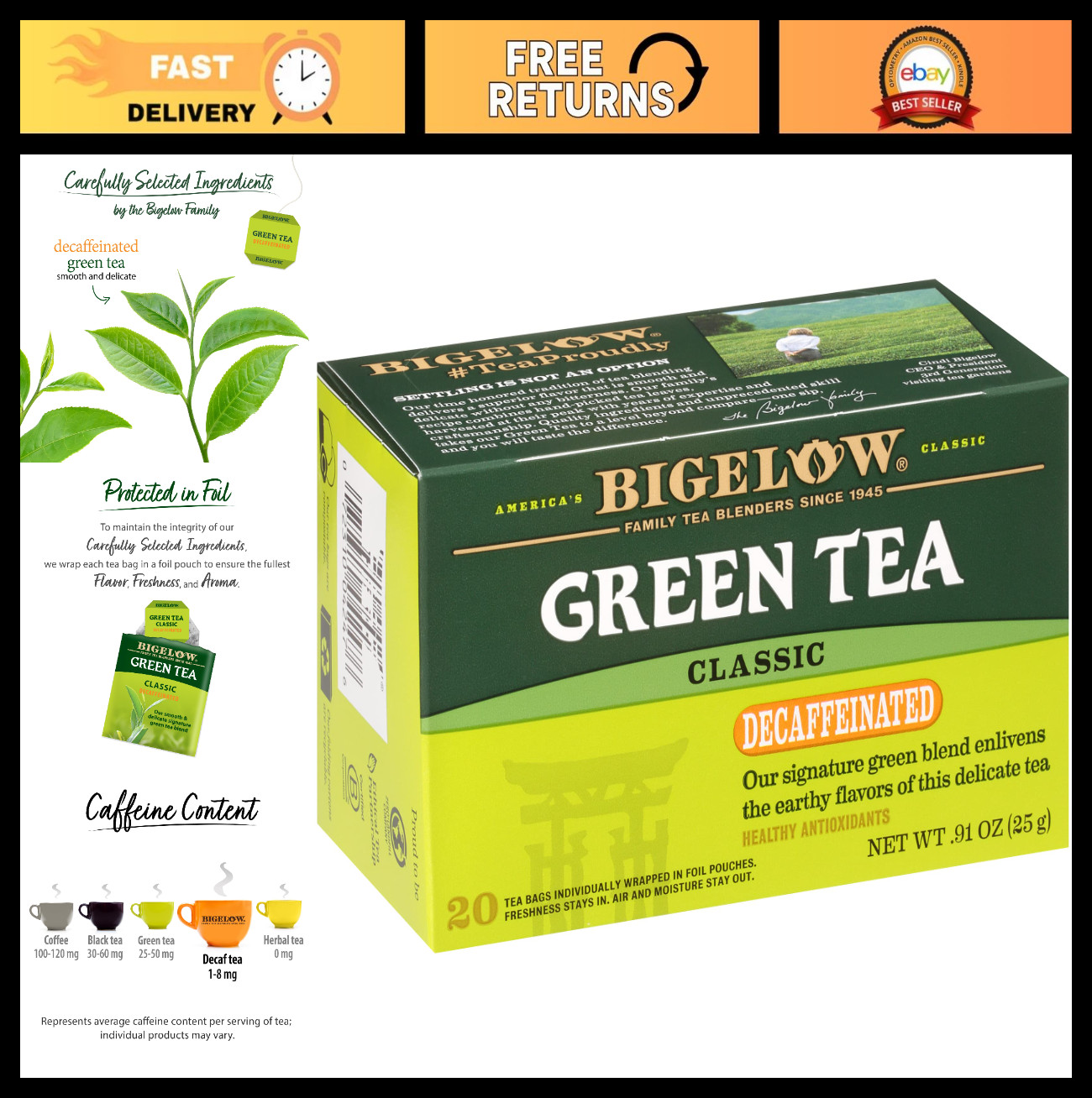 Decaf Green Tea Bags – Classic Flavor, 120 Total Bags, Pack of 6, Caffeine-Free