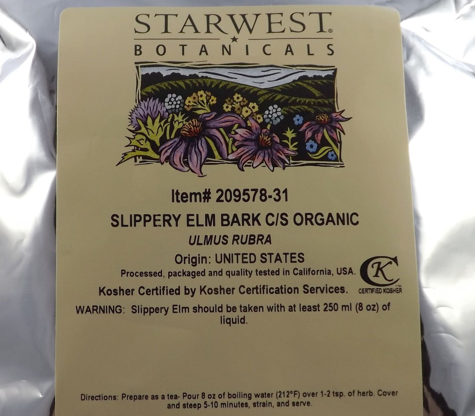 Starwest Botanicals Organic Slippery Elm Bark C/S, 1 lb (453.6 g)