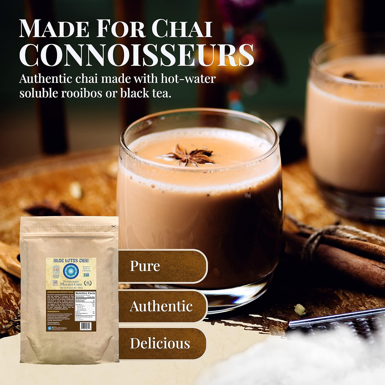 Blue Lotus Masala Chai – 1 lb Instant Tea Mix – 530 Cups – Organic Spices
