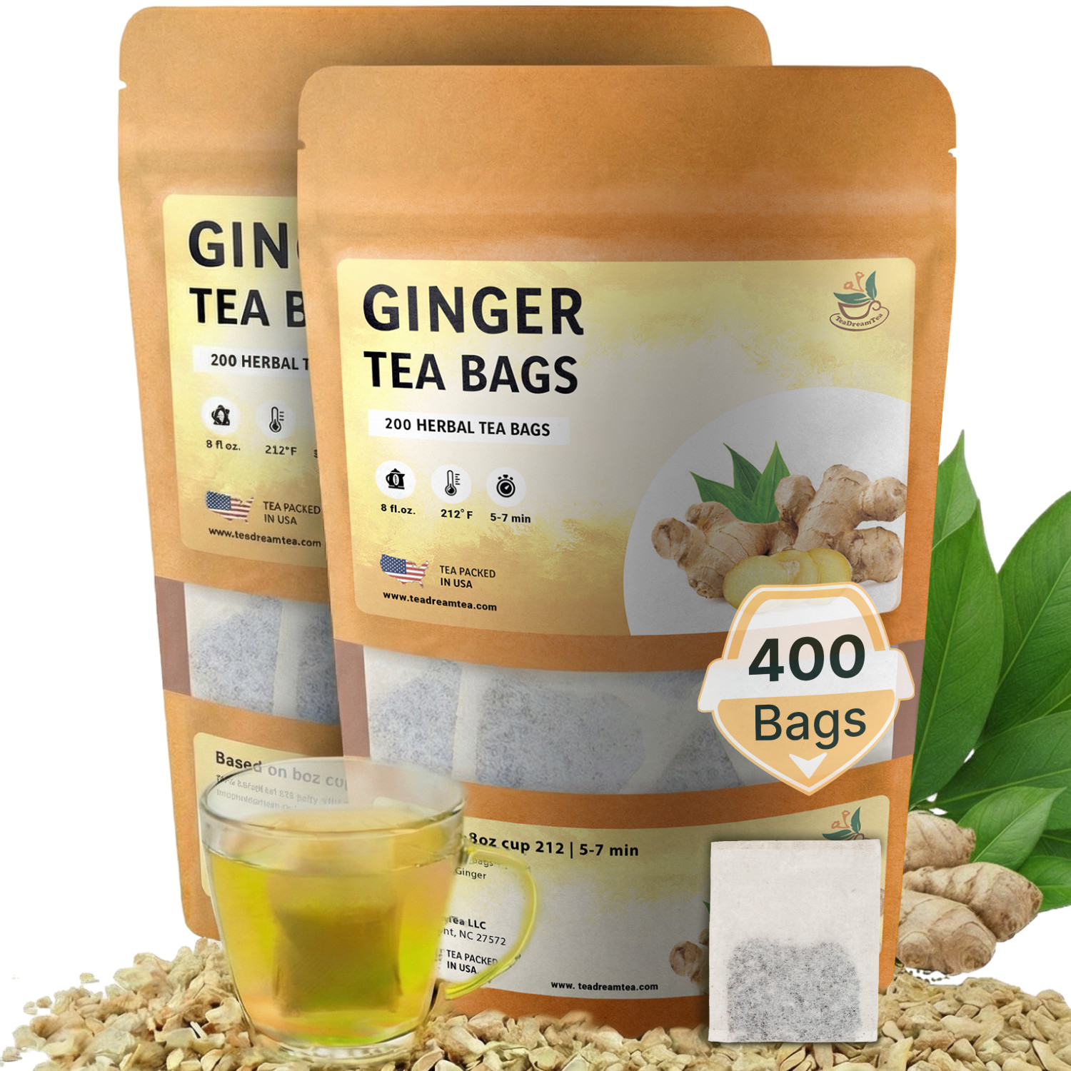 TeaDreamTea Ginger Tea Bags Caffeine Free Herbal Tea 25-400 Bags