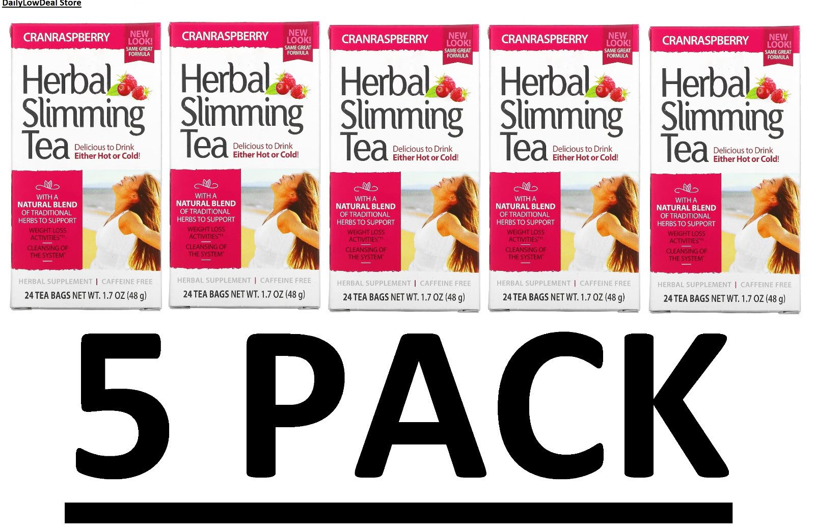 5 PACK – 21st Century Herbal Slimming Tea Cranraspberry 24 Tea Bags FREE SHIP