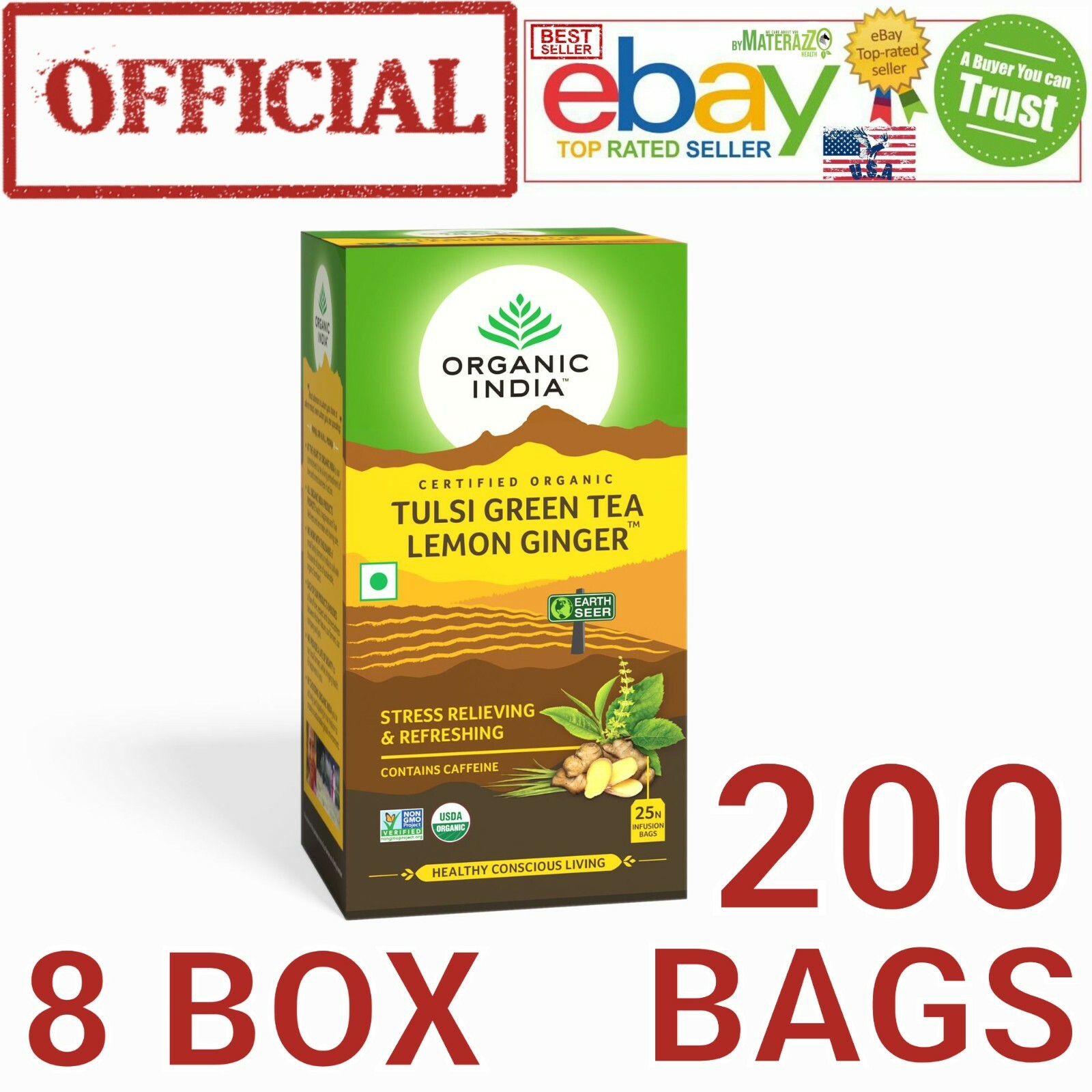 Lemon Ginger Tea EXP.6/2025 Organic India Tulsi 8 BOX 200 BAGS USA OFFICIAL