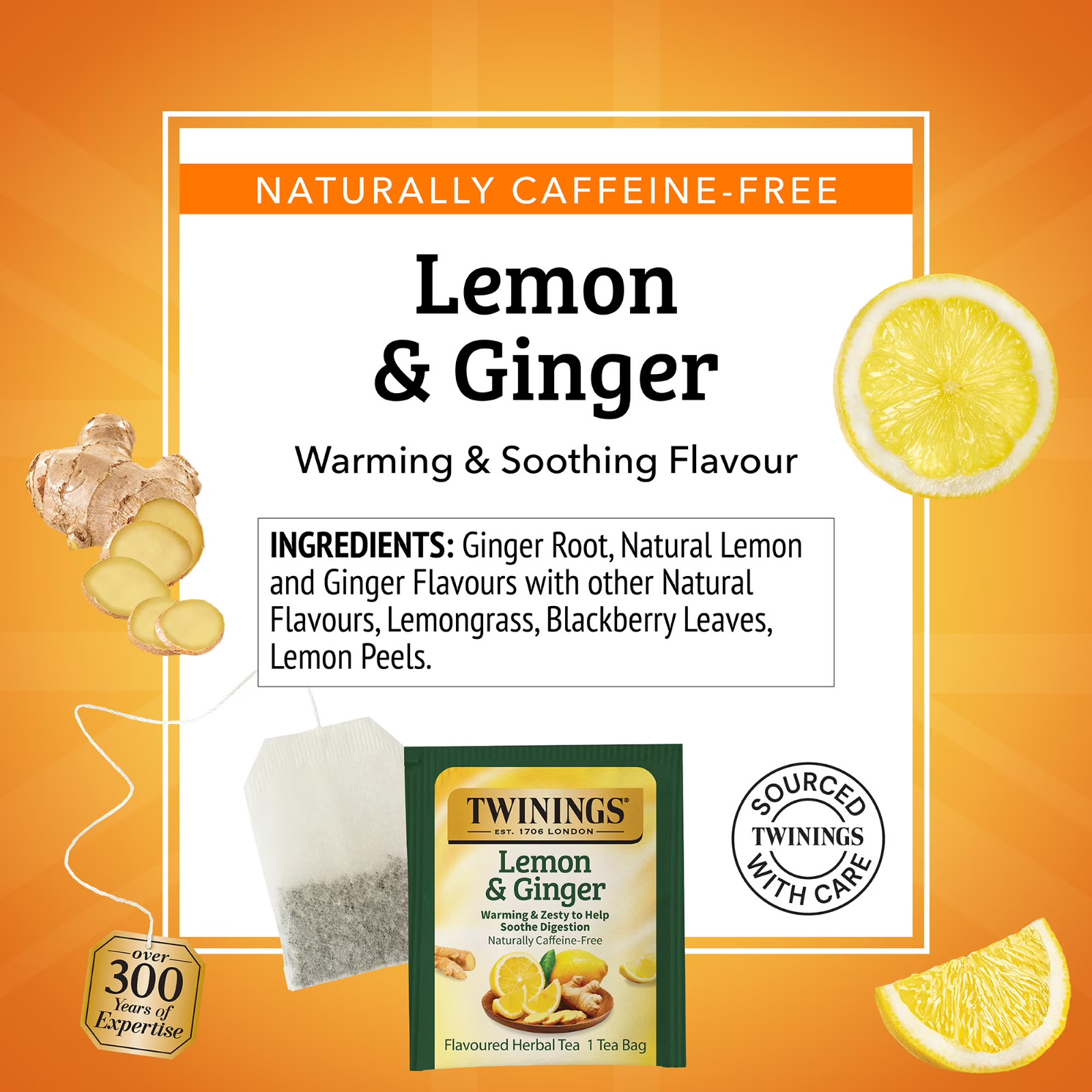 Twinings Lemon & Ginger Herbal Tea Bags Caffeine Free 50 Count Box-FREE SHIPPING