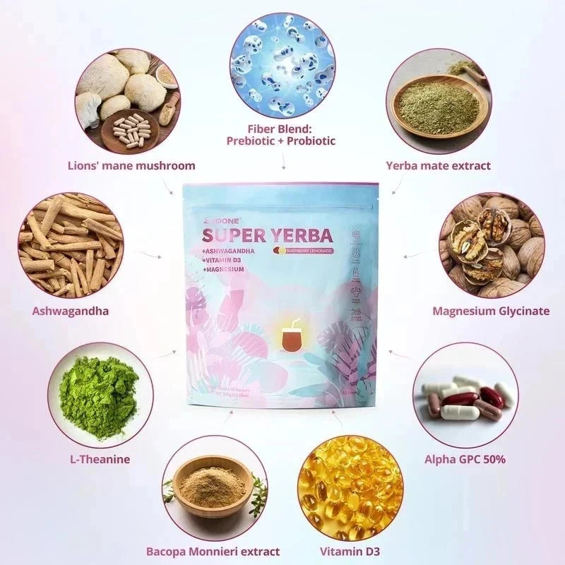 Super Yerba Mate Raspberry Lemonade Powder 30 Packets Ashwaganda D3 Magnesium