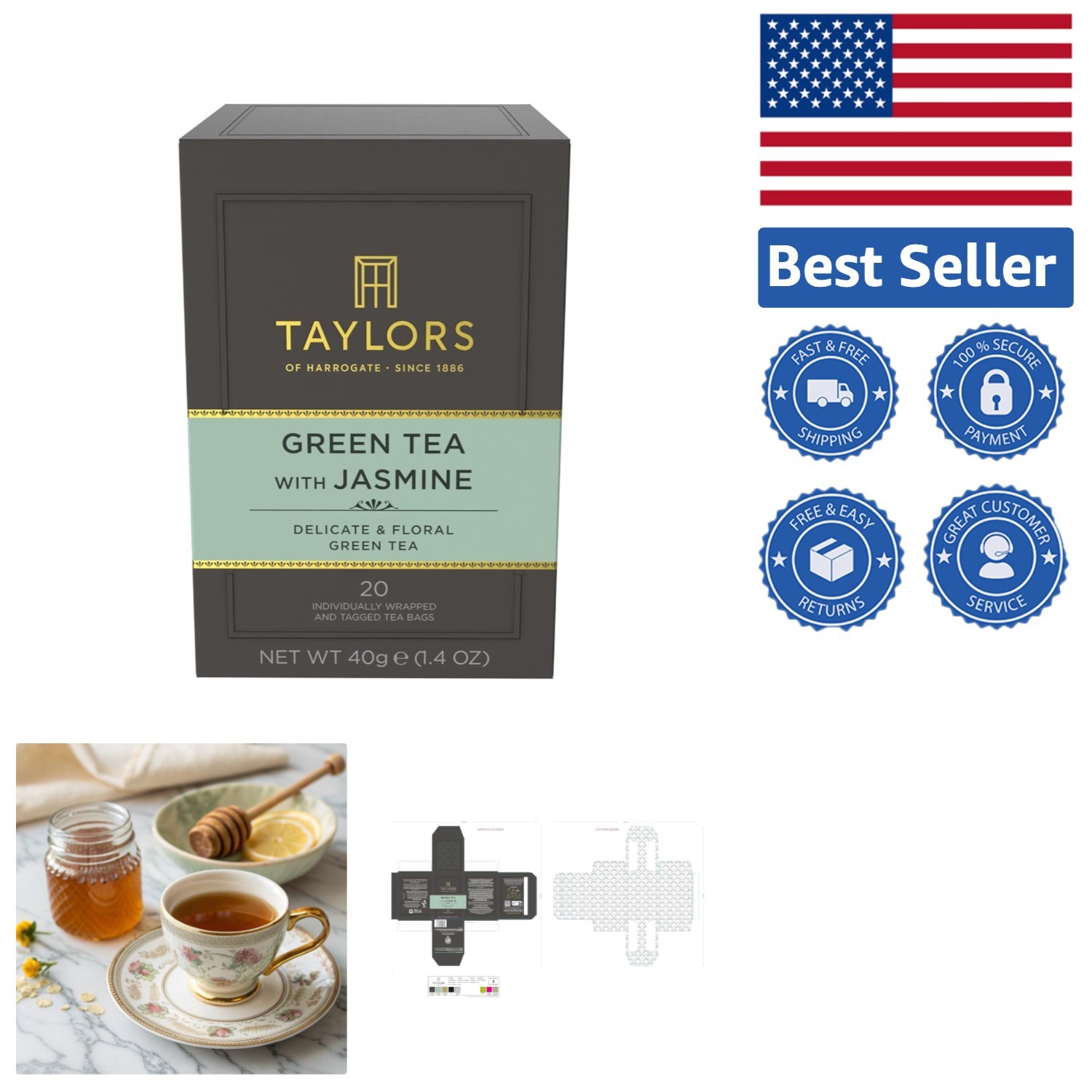 Green Tea with Floral Jasmine Flavor – 20 Teabags, Hot or Cold Enjoyment