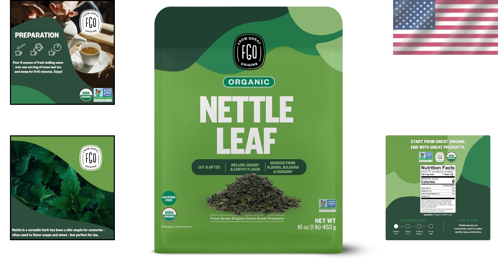 Caffeine Free Organic Nettle Leaf Tea from Bulgaria – 16oz Resealable Bag