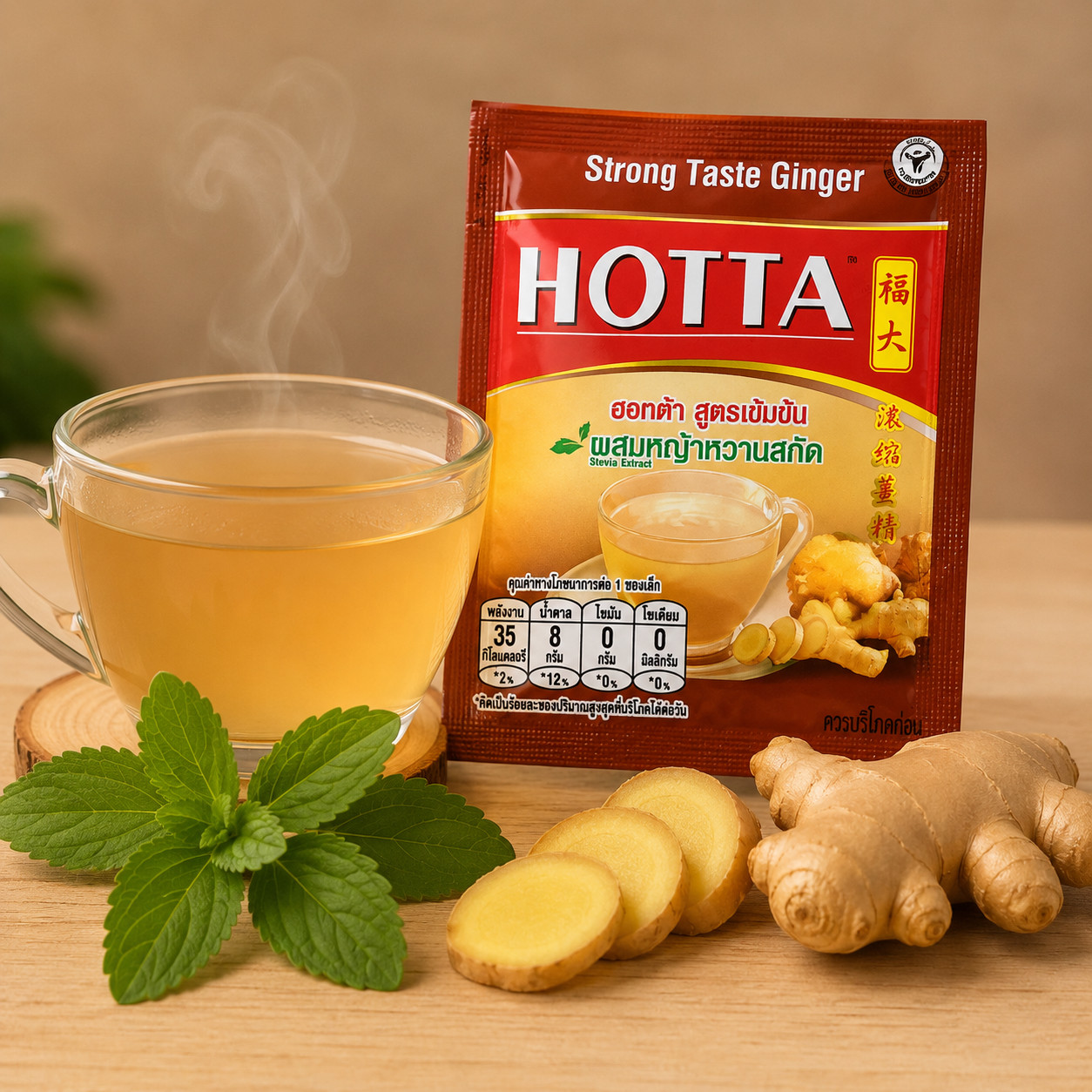 HOTTA Instant Ginger Strong Taste Formula 9gx50 Sachets Stevia Low Cal Thailand