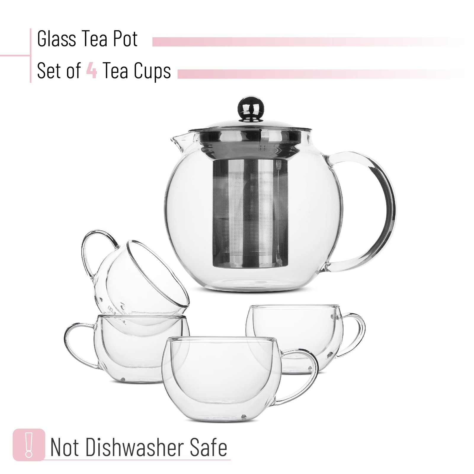BTaT- Glass Tea Pot Set, Set of 4, Double Wall Glass Tea Cup and Kettle with …
