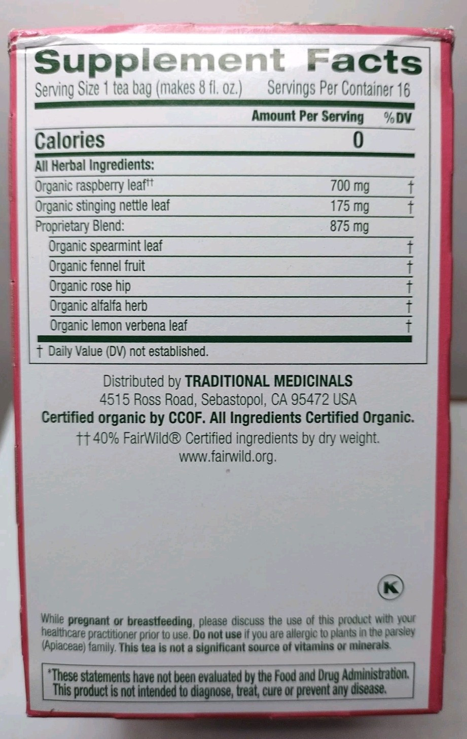 Traditional Medicinals Raspberry Leaf Tea 16 Ct Organic Pregnancy Herbal READ
