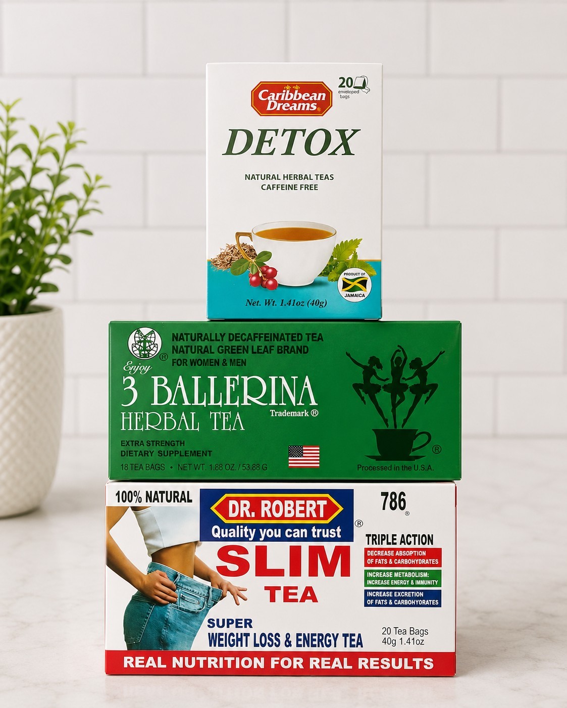 3 Ballerina Tea, Caribbean Detox Tea, Dr. Robert Slim Tea, Honey & Candle
