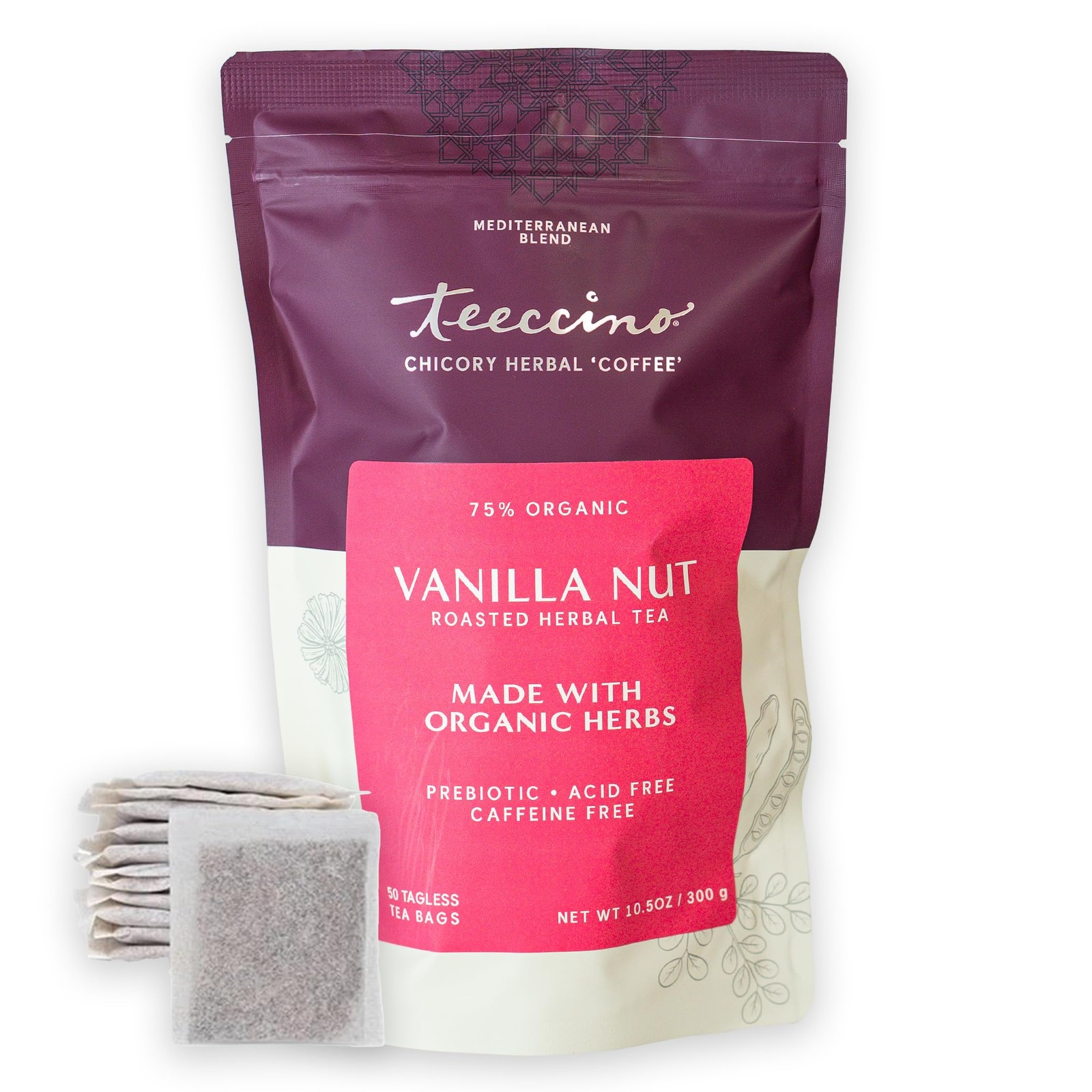 Teeccino Vanilla Nut Herbal Tea, 50 Tagless Eco-Friendly Tea Bags – 50 Count