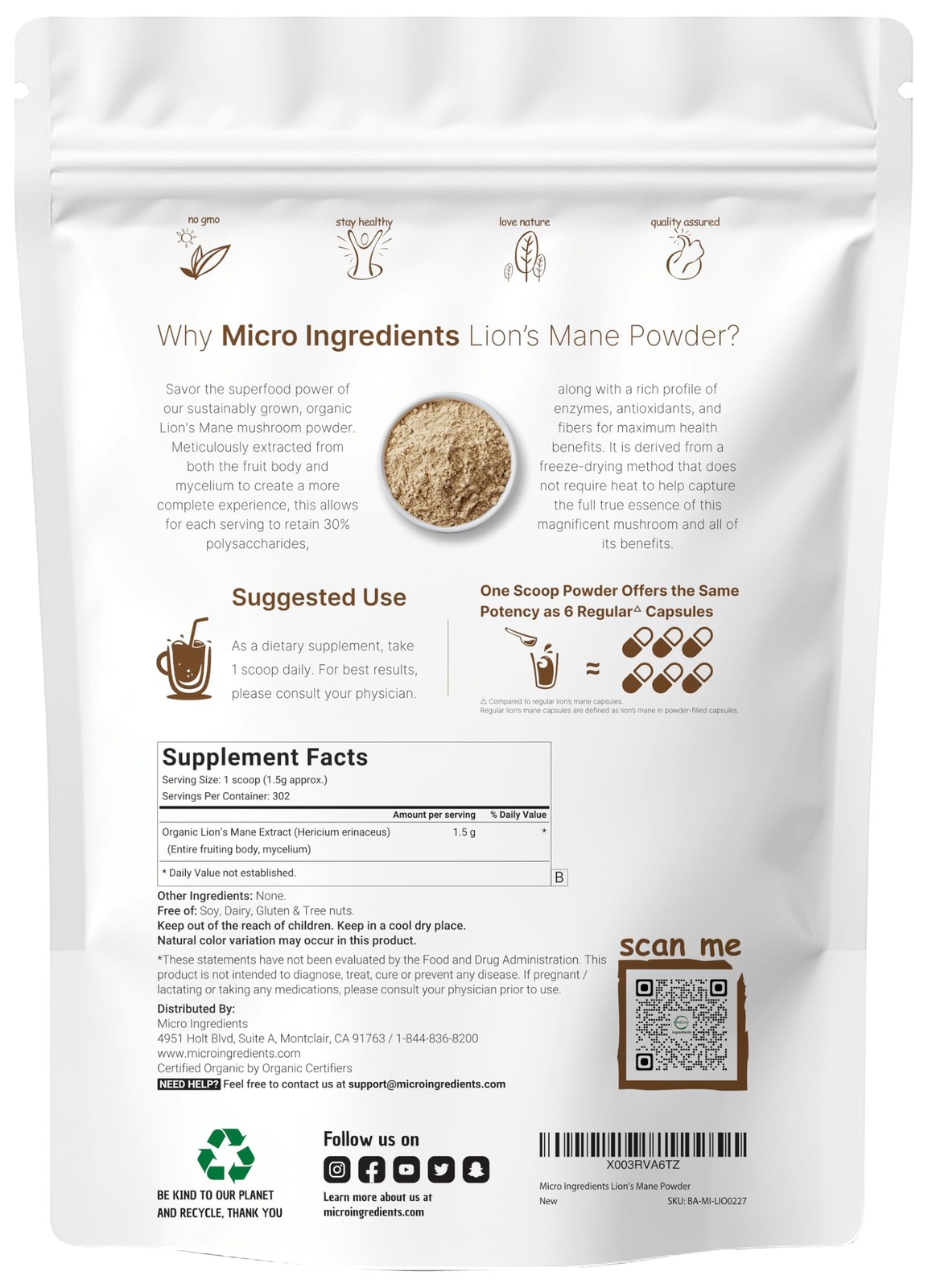 Organic Lion’s Mane Mushroom Powder, 16oz | Pure Fruiting Body Superfood | Su…