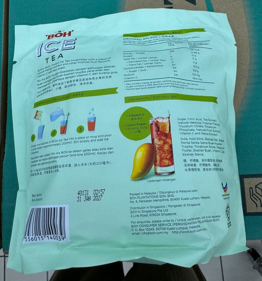 Boh Ice Tea Instant Mix Orchard Splash Vit C L/Sugar 20s x 14.5g – 1 Pack