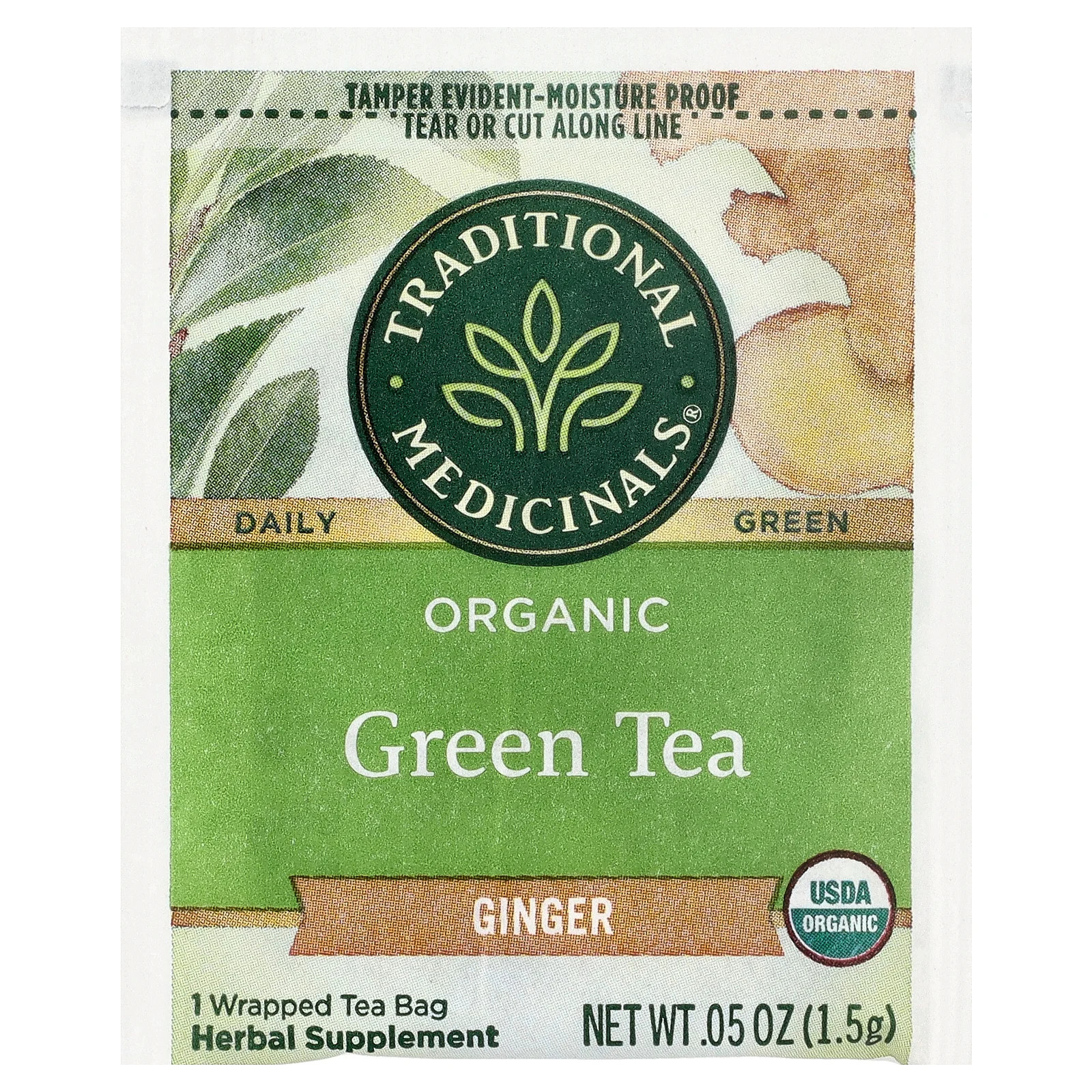Organic Green Tea, Ginger, 16 Wrapped Tea Bags, 0.85 oz (24 g)