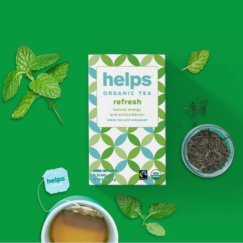 2) Boxes Helps Teas Refresh Organic Green Tea W/Spearmint Herbal 32 Tea Bags NIB
